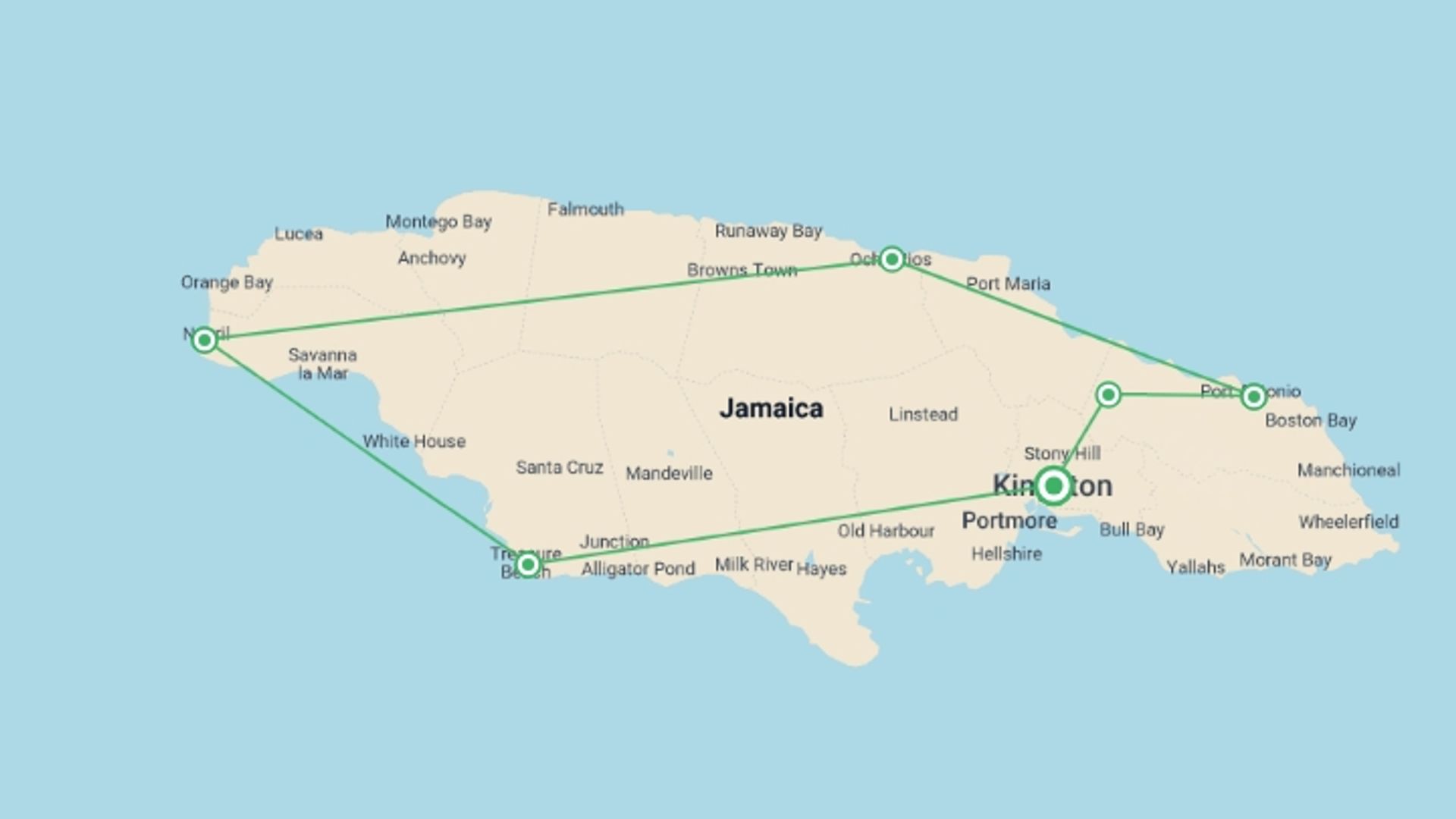 A map showing the tour itinerary for the trip: Explore Jamaica, starting in Jamaica and ending in Jamaica going through 1 other destinations.