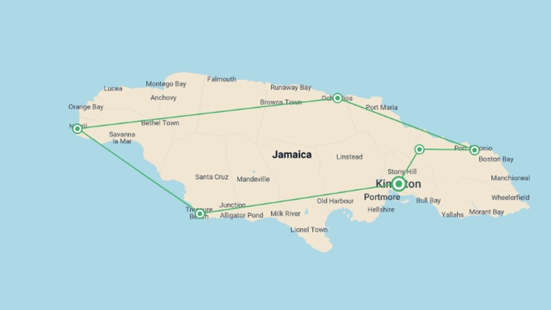 A map showing the tour itinerary for the trip: Explore Jamaica, starting in Jamaica and ending in Jamaica going through 1 other destinations.