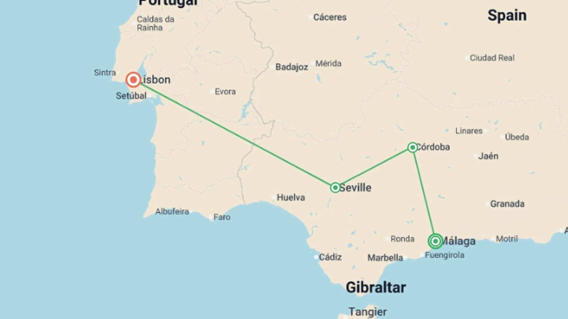 A map showing the tour itinerary for the trip: Exploring Iberia: Southern Spain to Coastal Portugal , starting in Malaga, Spain and ending in Lisbon, Portugal going through 5 other destinations.