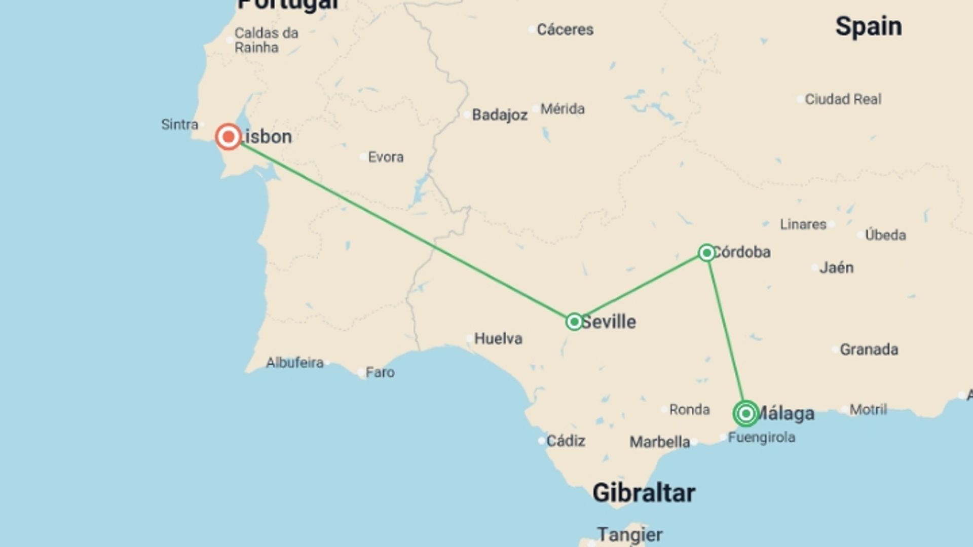 A map showing the tour itinerary for the trip: Exploring Iberia: Southern Spain to Coastal Portugal , starting in Malaga, Spain and ending in Lisbon, Portugal going through 5 other destinations.