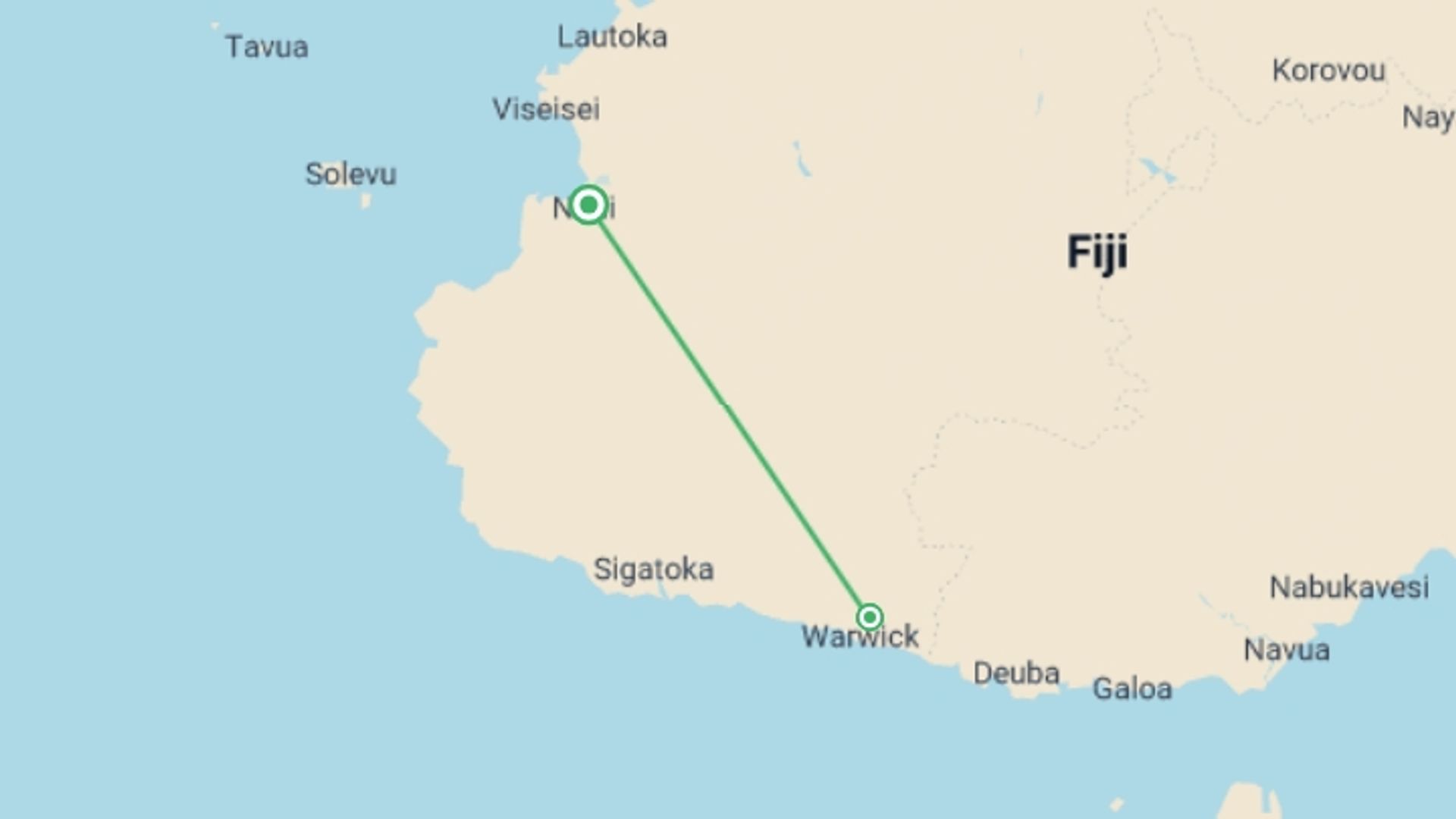 A map showing the tour itinerary for the trip: Fabulous Fiji, starting in Nadi, Fiji and ending in Nadi, Fiji going through 1 other destinations.