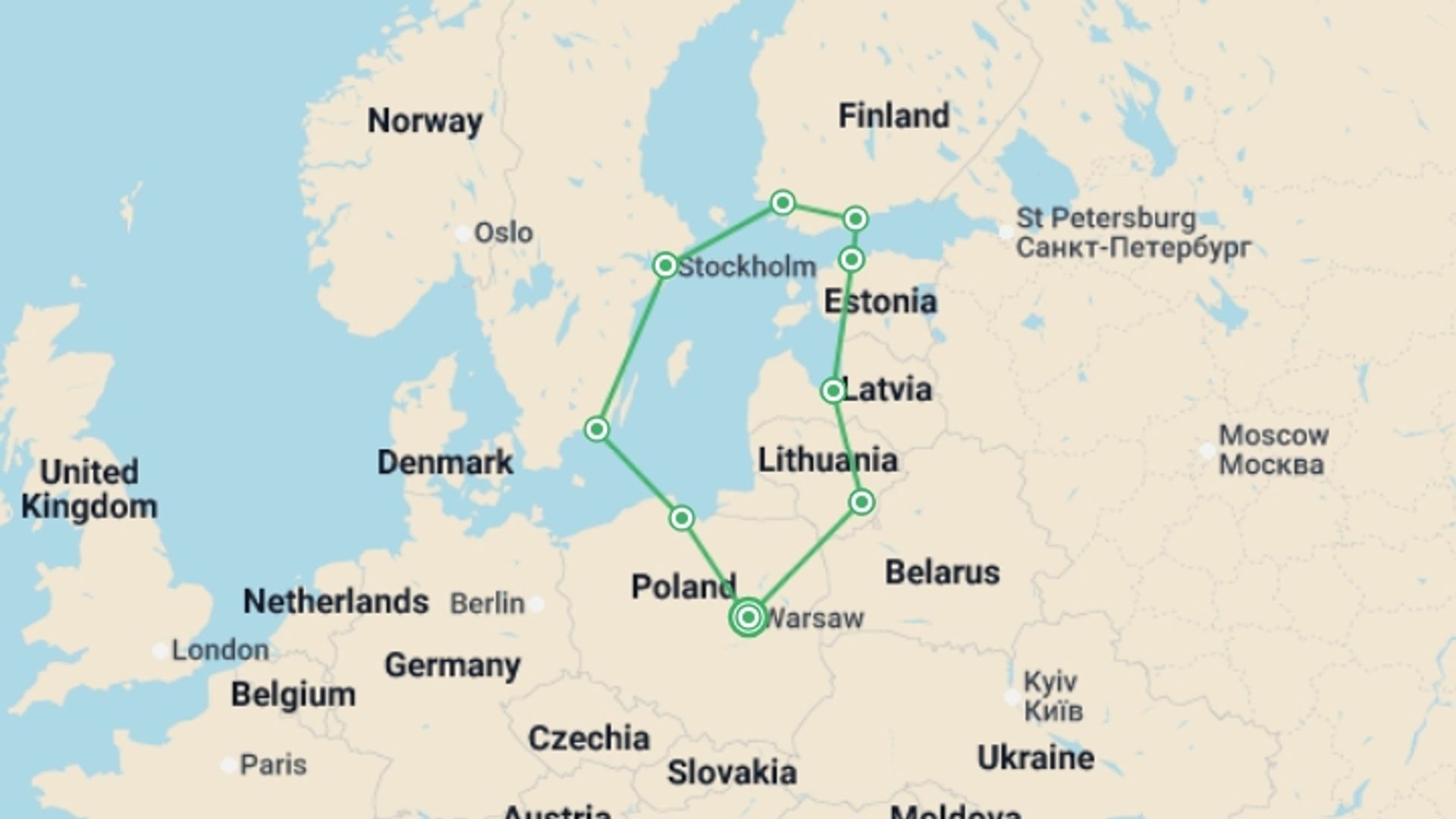 A map showing the tour itinerary for the trip: Fabulous Poland and Baltic Capitals ROT, starting in Warsaw, Poland and ending in Warsaw, Poland going through 8 other destinations.