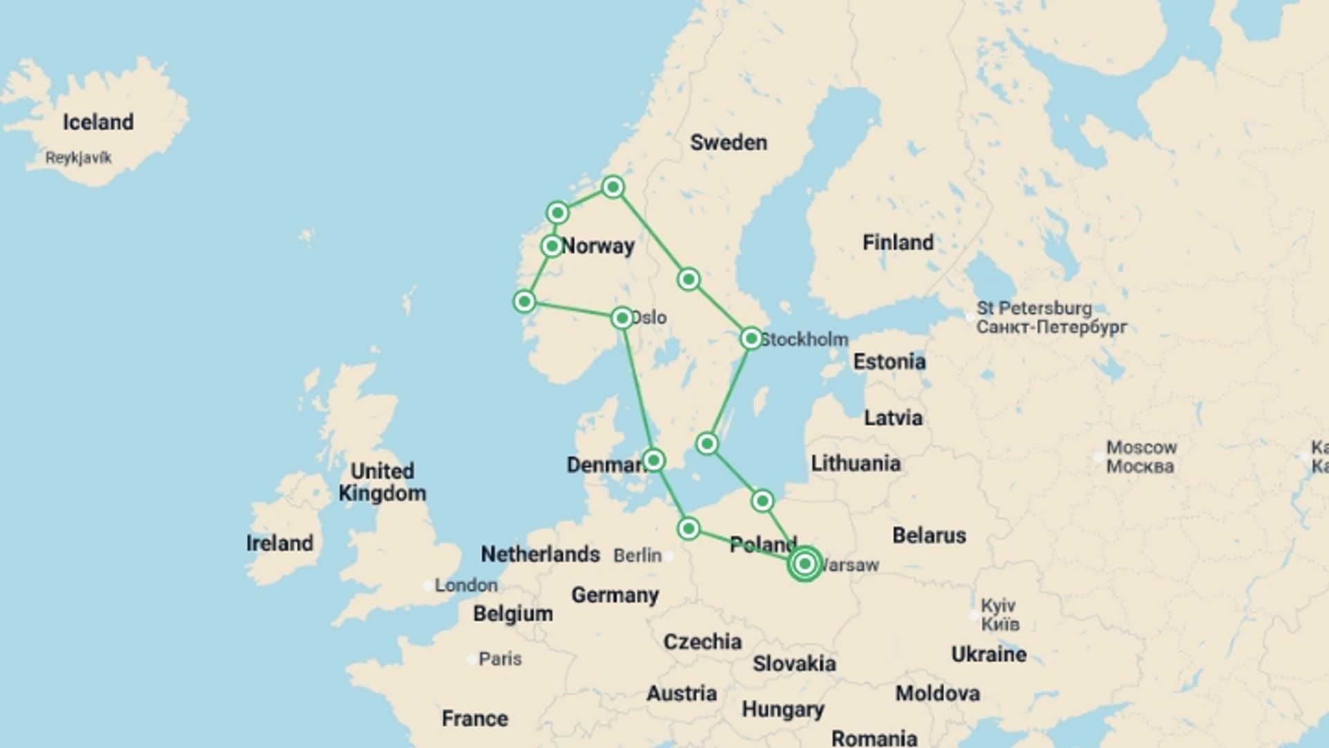A map showing the tour itinerary for the trip: Fabulous Poland and Fjords, starting in Warsaw, Poland and ending in Warsaw, Poland going through 8 other destinations.