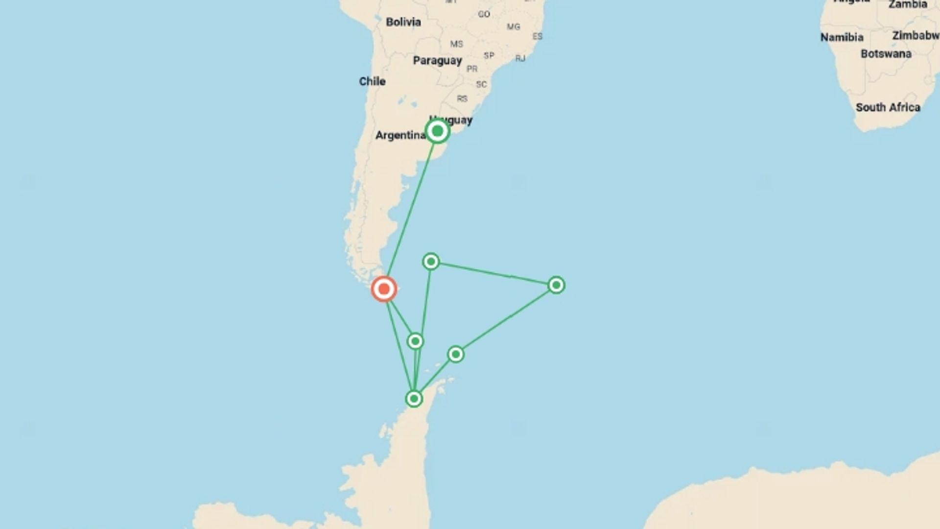 A map showing the tour itinerary for the trip: Falklands, South Georgia and Antarctic Peninsula - M/V Ushuaia, starting in Ushuaia, Argentina and ending in Ushuaia, Argentina going through 4 other destinations.