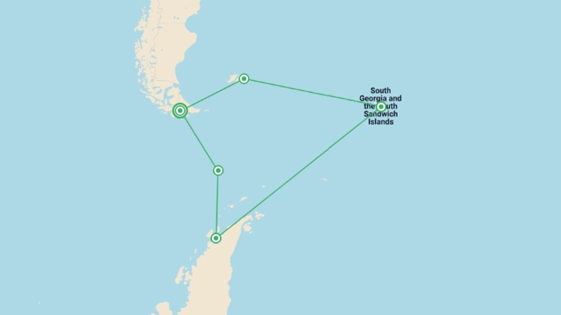 A map showing the tour itinerary for the trip: Falklands, South Georgia and Antarctica - M/V Greg Mortimer, starting in Ushuaia, Argentina and ending in Ushuaia, Argentina going through 2 other destinations.