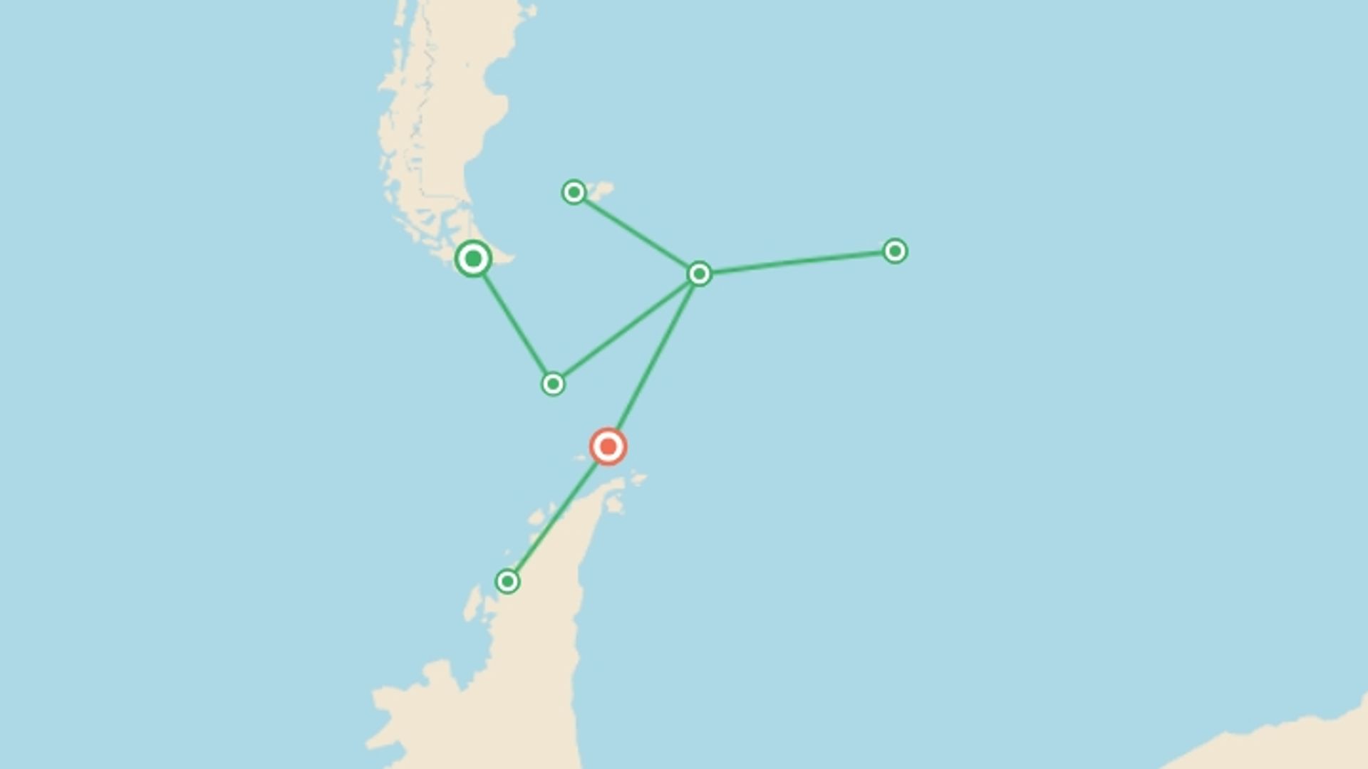 A map showing the tour itinerary for the trip: Falklands, South Georgia and Antarctica - M/V Ocean Albatros, starting in Ushuaia, Argentina and ending in Ushuaia, Argentina going through 1 other destinations.