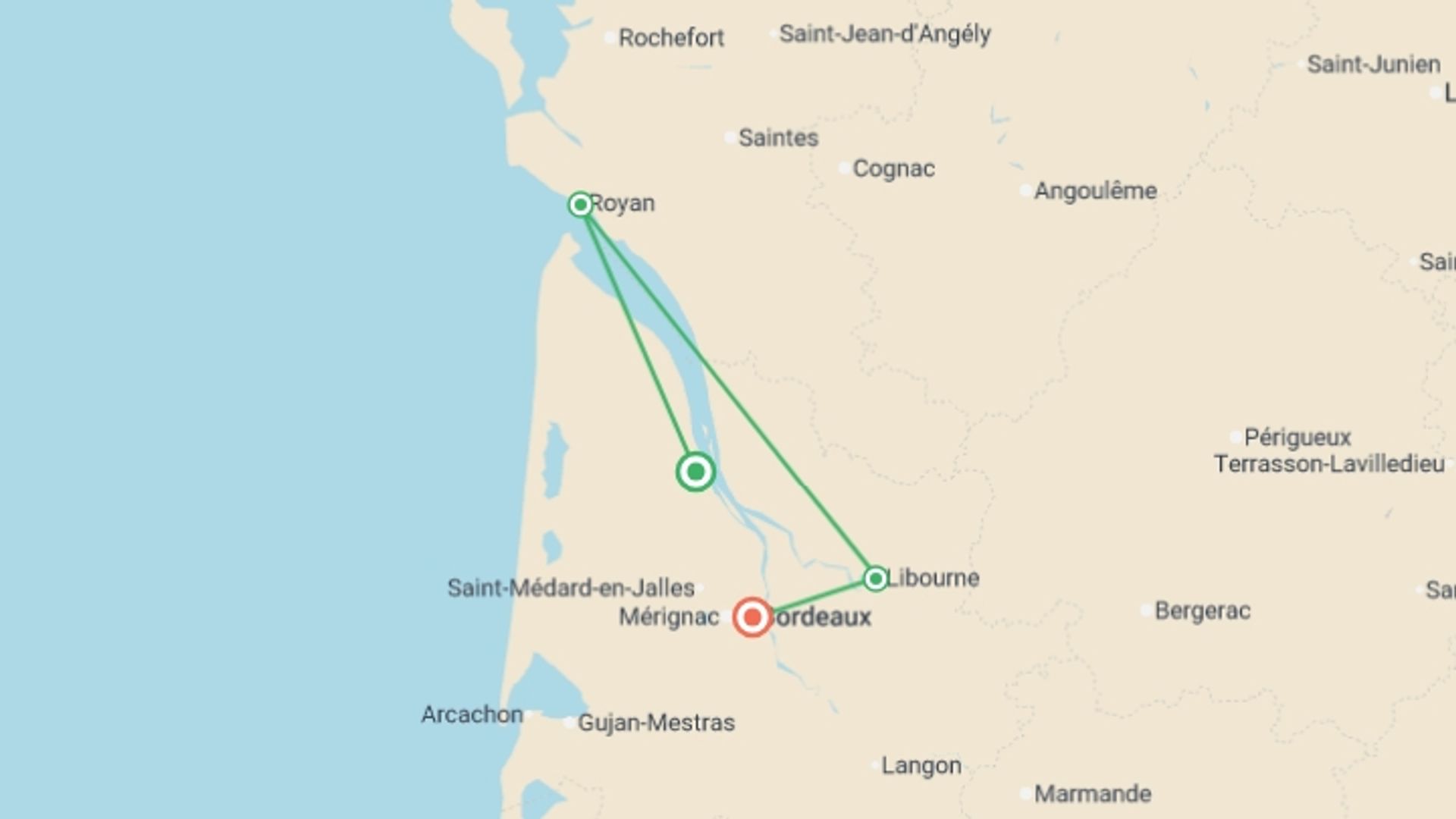 A map showing the tour itinerary for the trip: Fall Festival: History, Wine, and Heritage on Rivers in Southwestern France, starting in Bordeaux, France and ending in Bordeaux, France going through 1 other destinations.