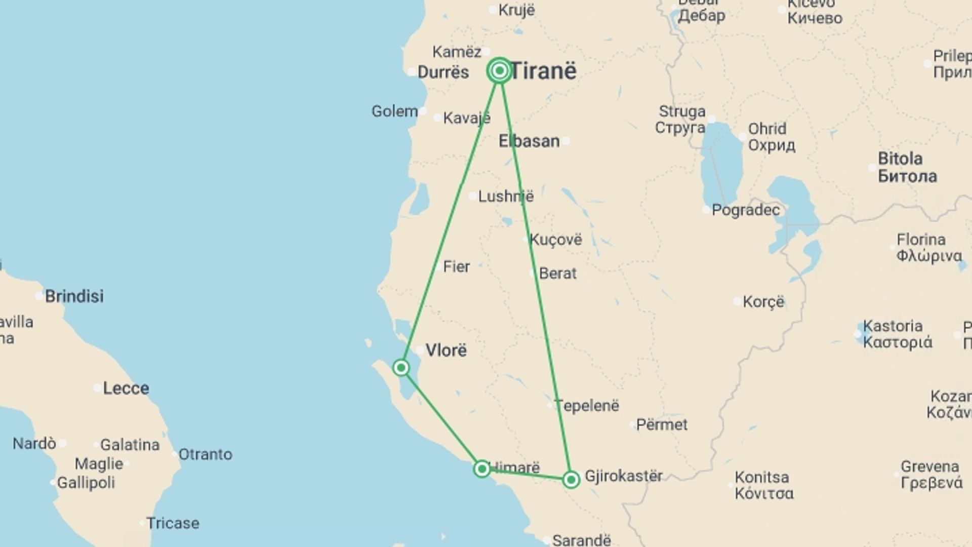 A map showing the tour itinerary for the trip: Family Albania Adventure, starting in Tirana, Albania and ending in Tirana, Albania going through 2 other destinations.