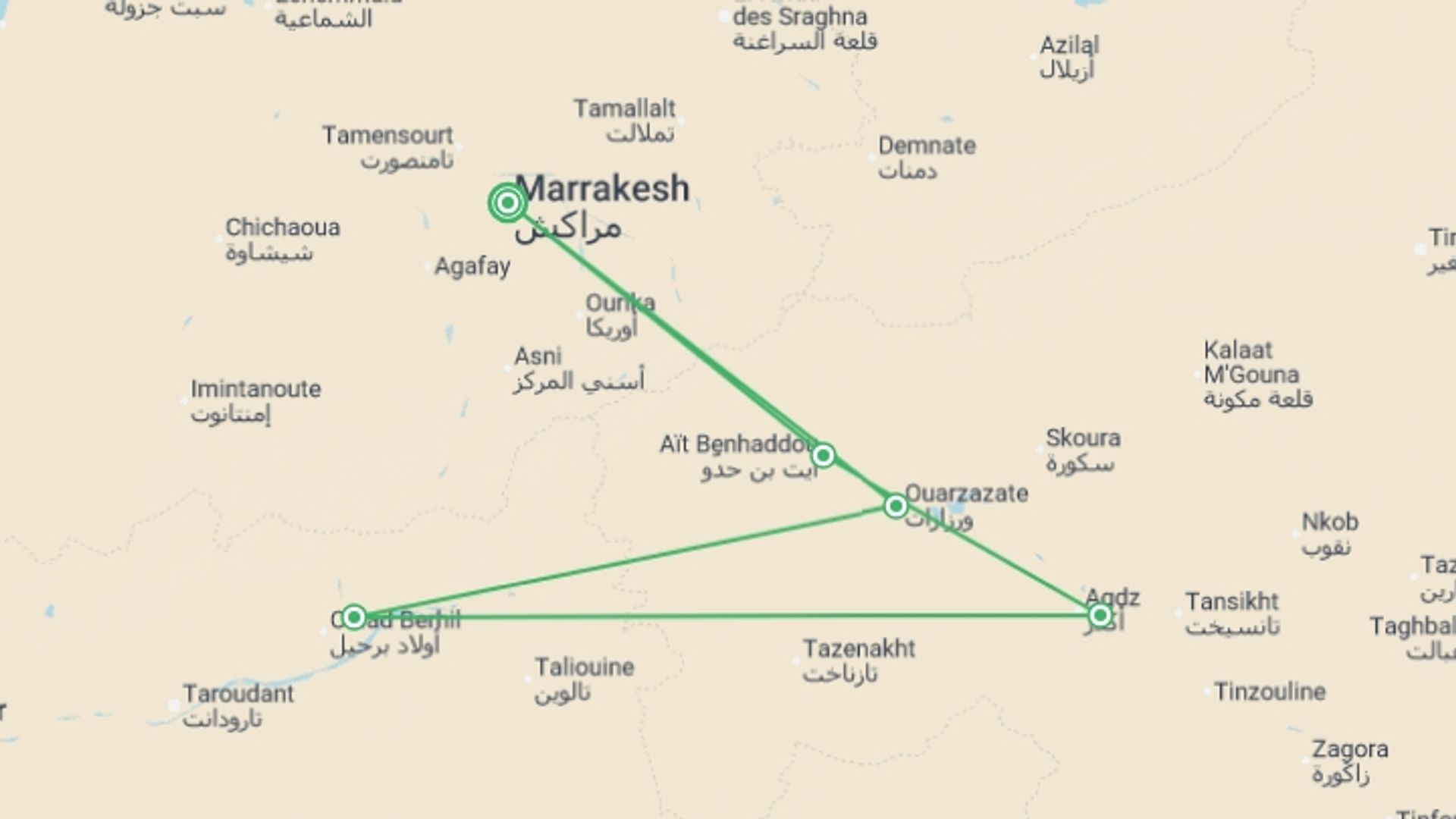 A map showing the tour itinerary for the trip: Family Atlas Mountain and Sahara Adventure, starting in Marrakech, Morocco and ending in Marrakech, Morocco going through 3 other destinations.