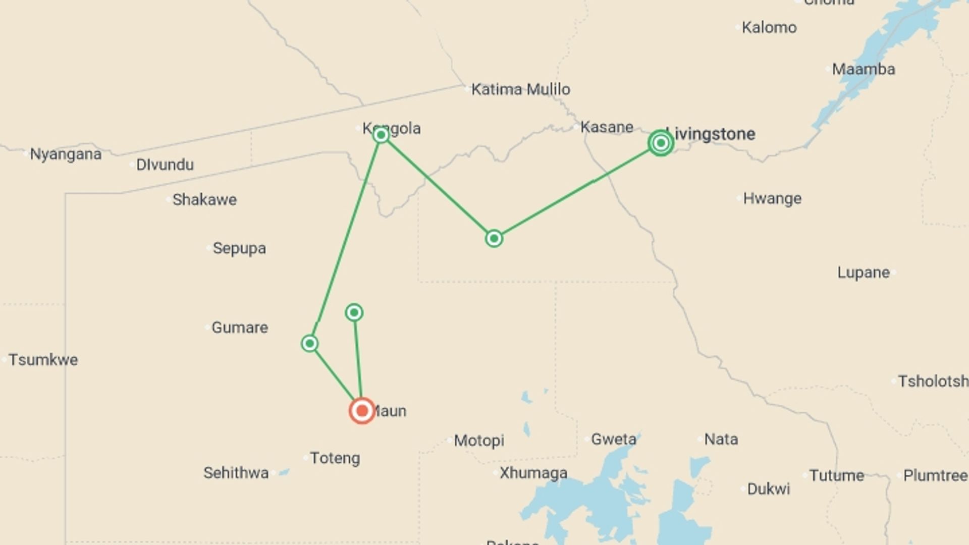 A map showing the tour itinerary for the trip: Family Botswana and Zimbabwe Safari Adventure, starting in Victoria Falls, Zimbabwe and ending in Maun, Botswana going through 5 other destinations.