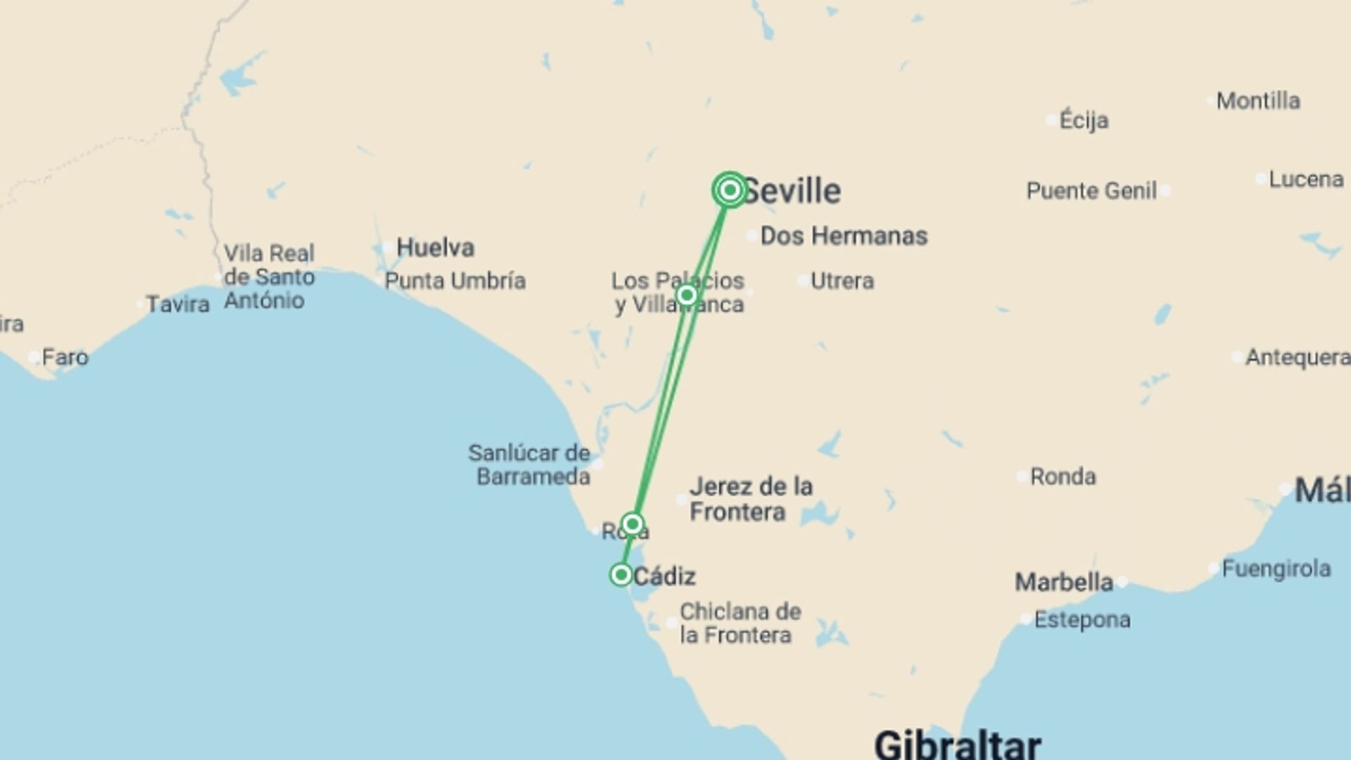 A map showing the tour itinerary for the trip: Family Club - Andalusia: Traditions, Gastronomy and Flamenco (port-to-port cruise), starting in Seville, Spain and ending in Granada, Spain going through 3 other destinations.