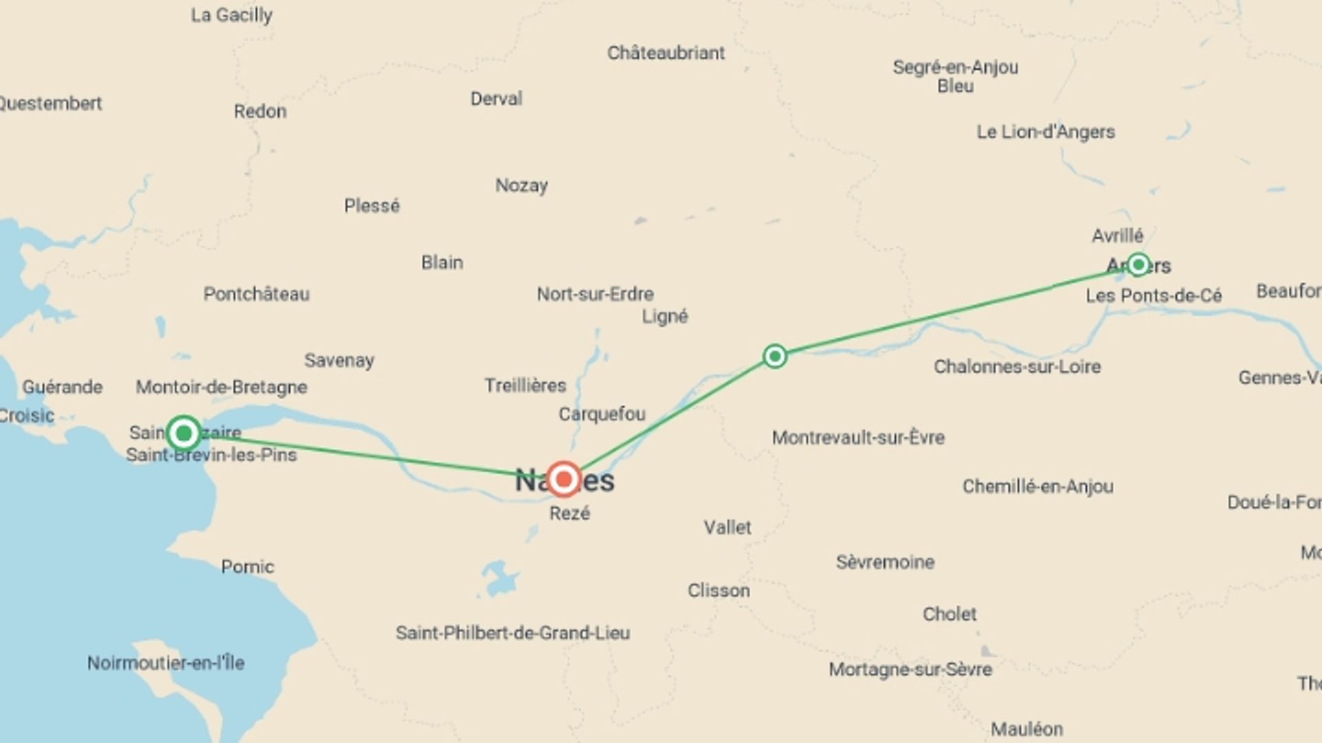 A map showing the tour itinerary for the trip: Family Club - The Loire Valley, a Royal legacy (port-to-port cruise), starting in Pays de la Loire, France and ending in Pays de la Loire, France going through 3 other destinations.