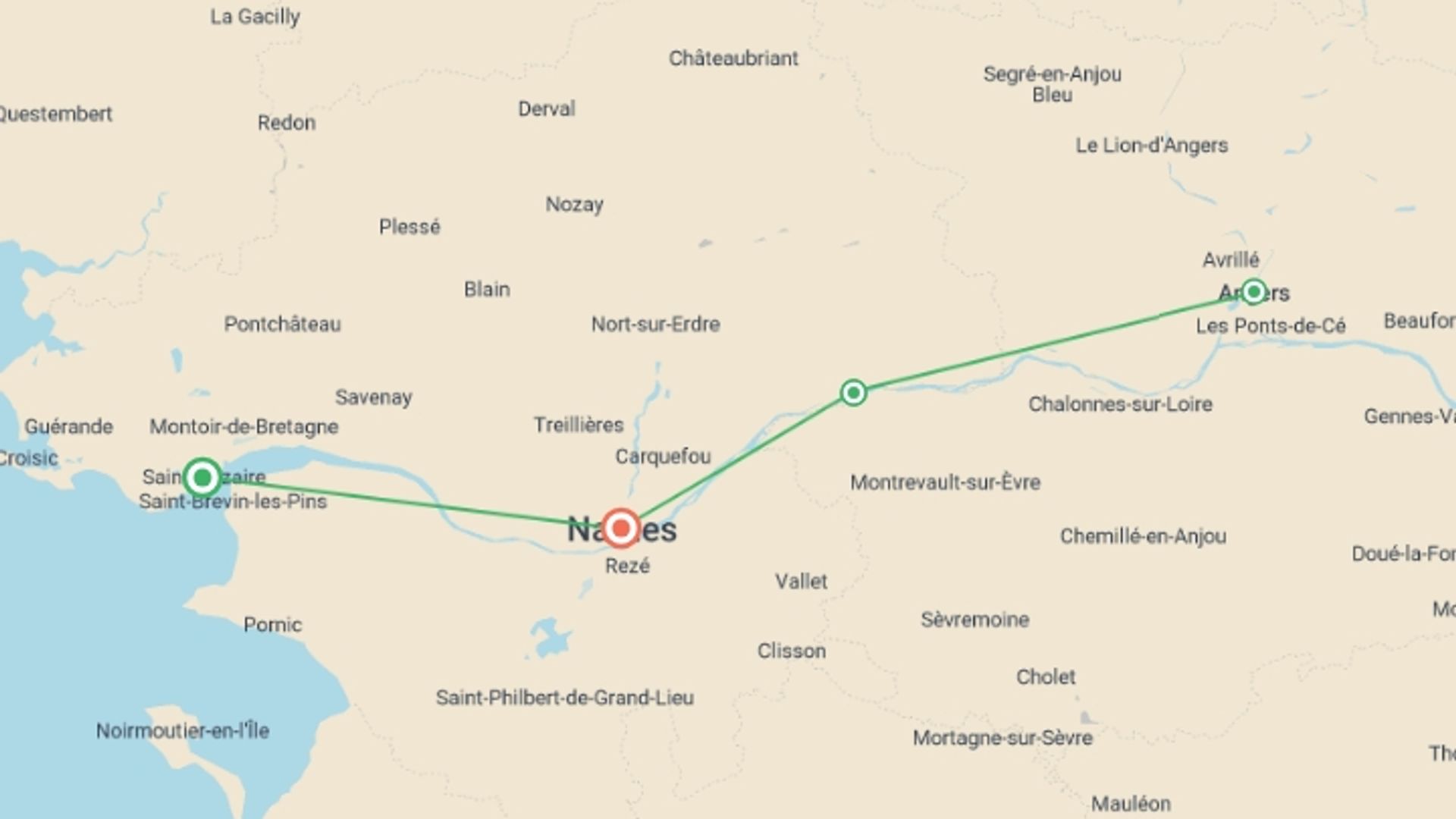 A map showing the tour itinerary for the trip: Family Club - The Loire Valley, a Royal legacy (port-to-port cruise), starting in Pays de la Loire, France and ending in Pays de la Loire, France going through 3 other destinations.
