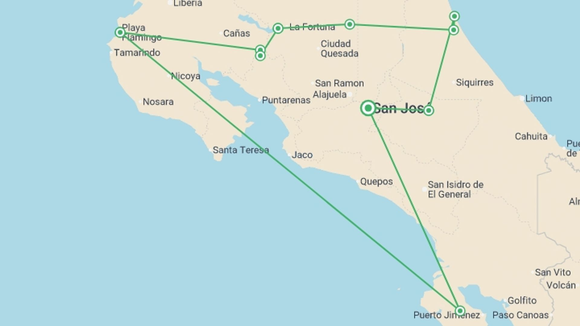 A map showing the tour itinerary for the trip: Family Costa Rica Rainforest and Wildlife Adventure, starting in San Jose, Costa Rica and ending in San Jose, Costa Rica going through 4 other destinations.