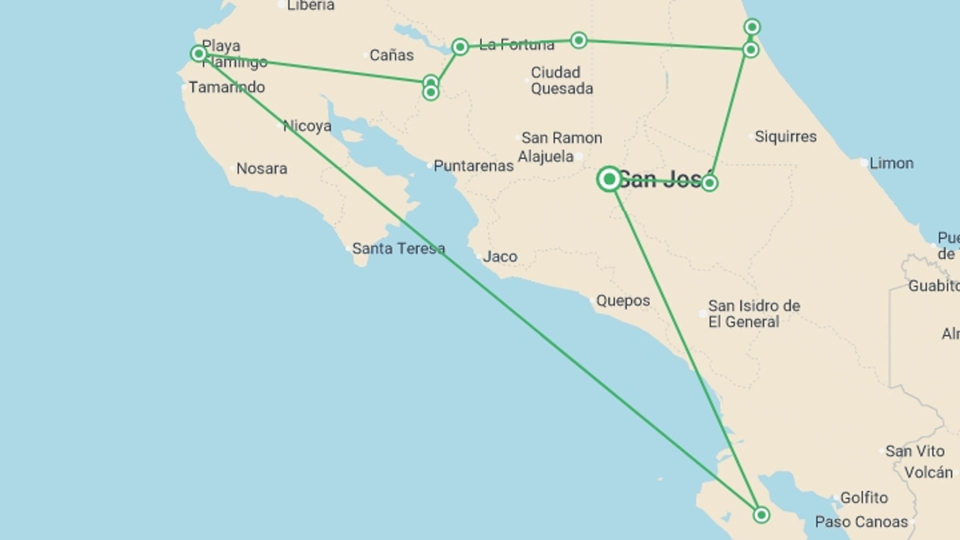 A map showing the tour itinerary for the trip: Family Costa Rica Rainforest and Wildlife Adventure, starting in San Jose, Costa Rica and ending in San Jose, Costa Rica going through 4 other destinations.