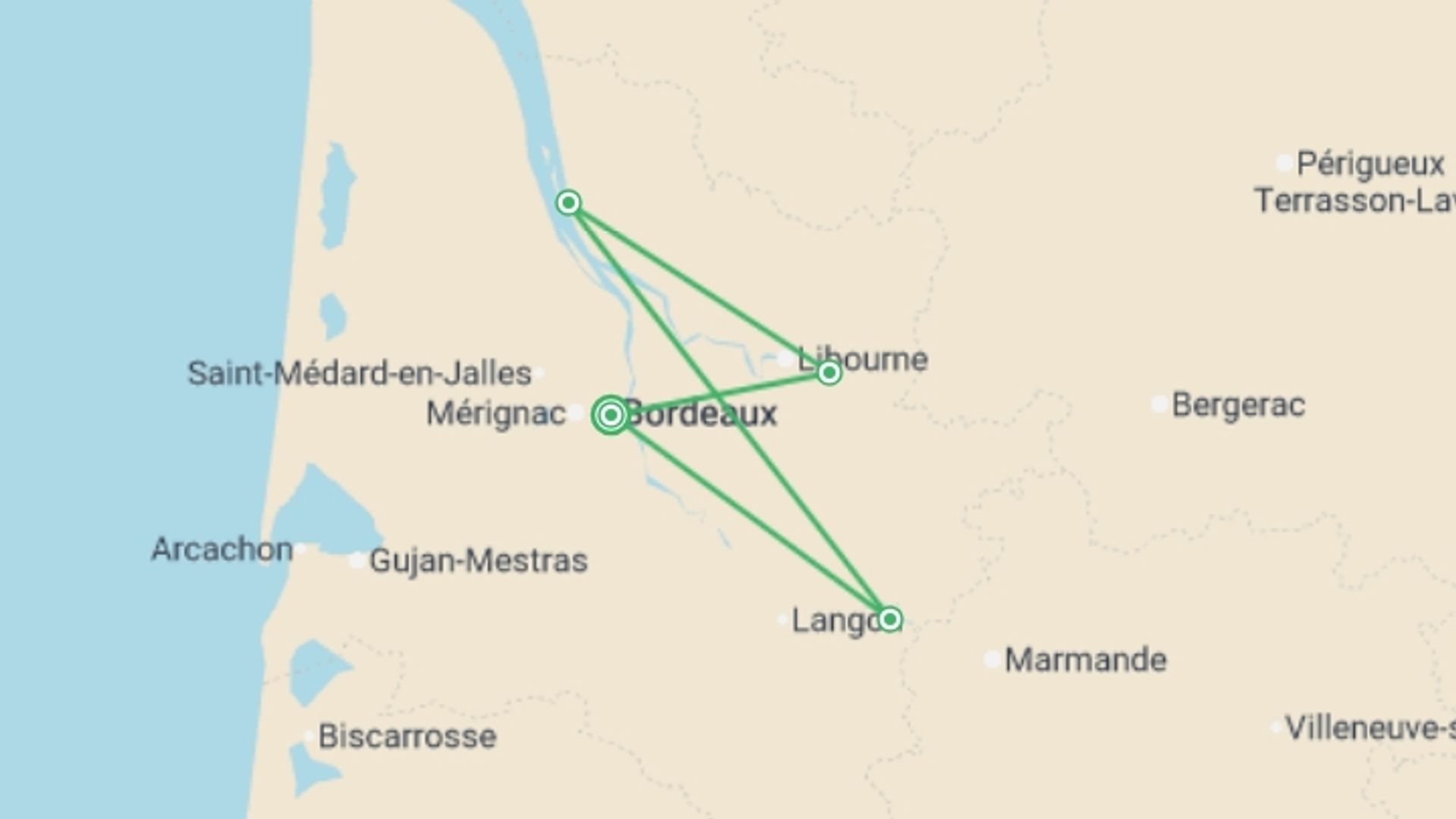 A map showing the tour itinerary for the trip: Family Cruise in Bordeaux-The Land and its History (port-to-port cruise), starting in Bordeaux, France and ending in Bordeaux, France going through 1 other destinations.