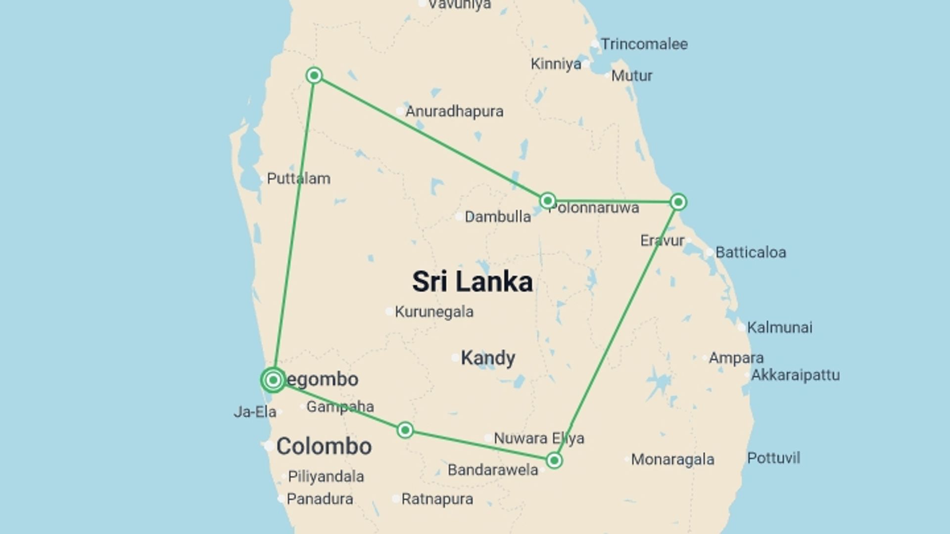 A map showing the tour itinerary for the trip: Family Highlights of Sri Lanka, starting in Negombo, Sri Lanka and ending in Negombo, Sri Lanka going through 2 other destinations.