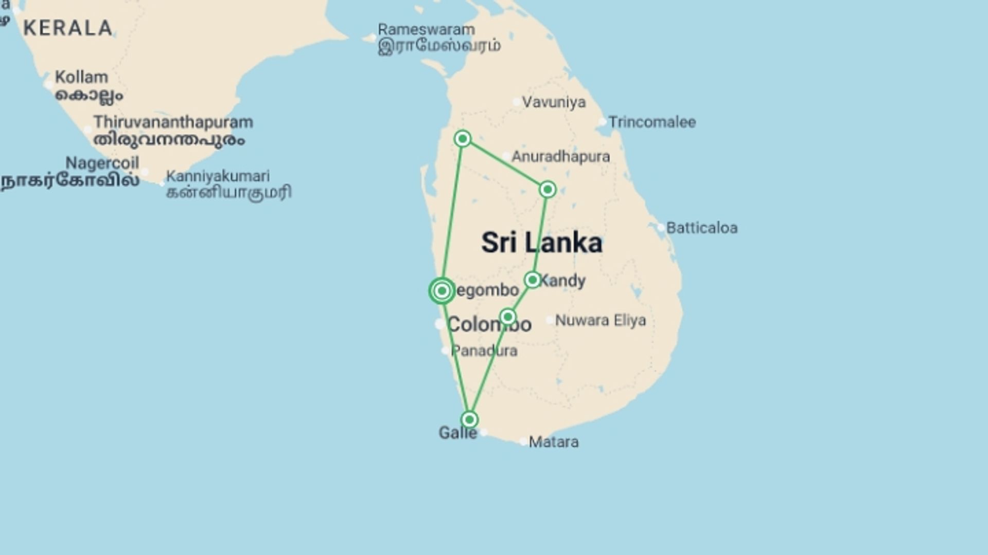 A map showing the tour itinerary for the trip: Family Highlights of Sri Lanka, starting in Negombo, Sri Lanka and ending in Negombo, Sri Lanka going through 2 other destinations.