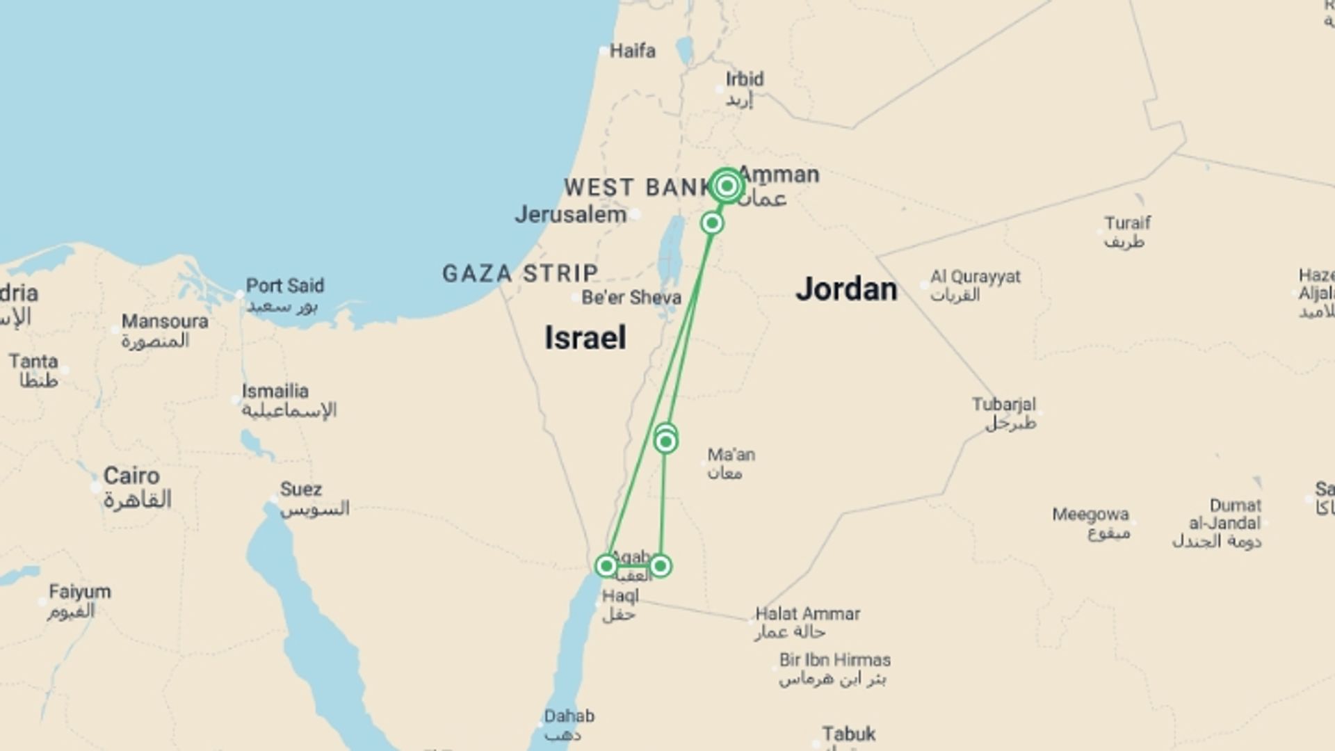 A map showing the tour itinerary for the trip: Family Jordan, Petra and Desert Adventure, starting in Amman, Jordan and ending in Amman, Jordan going through 5 other destinations.