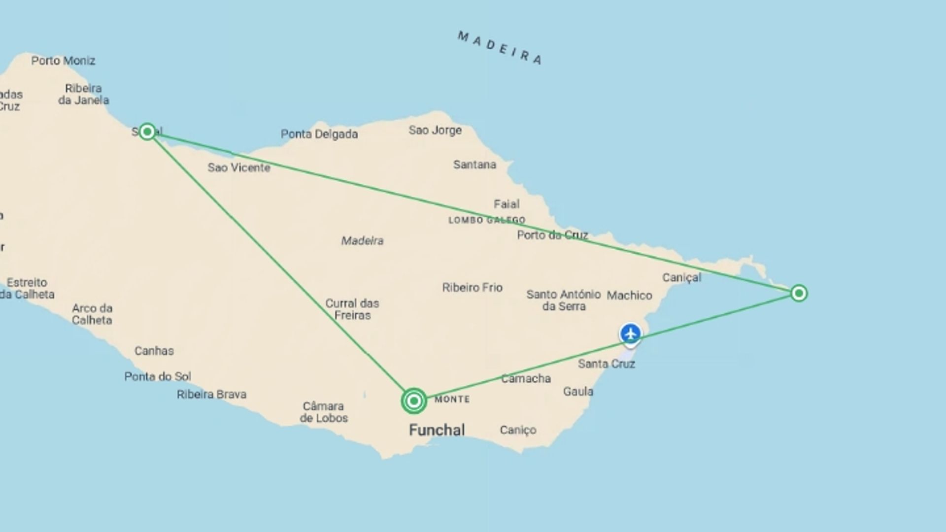 A map showing the tour itinerary for the trip: Family Madeira Adventure, starting in Funchal, Portugal and ending in Funchal, Portugal going through 1 other destinations.