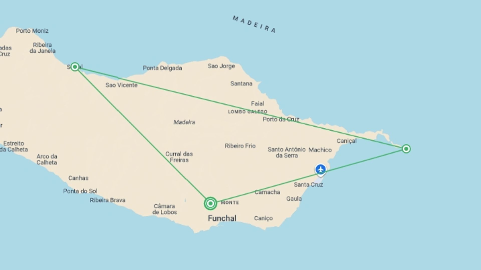 A map showing the tour itinerary for the trip: Family Madeira Adventure, starting in Funchal, Portugal and ending in Funchal, Portugal going through 1 other destinations.