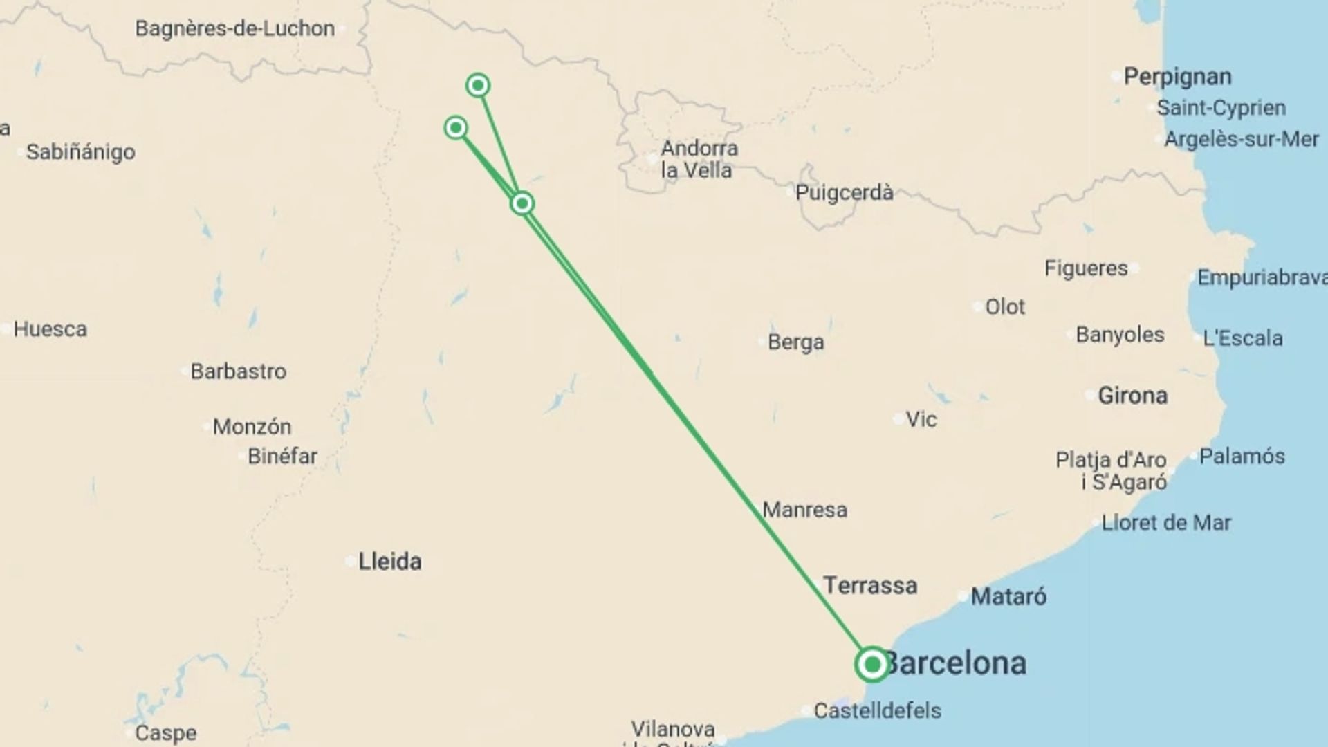 A map showing the tour itinerary for the trip: Family Pyrenees Multi-Activity Adventure, starting in Barcelona, Spain and ending in Barcelona, Spain going through 1 other destinations.
