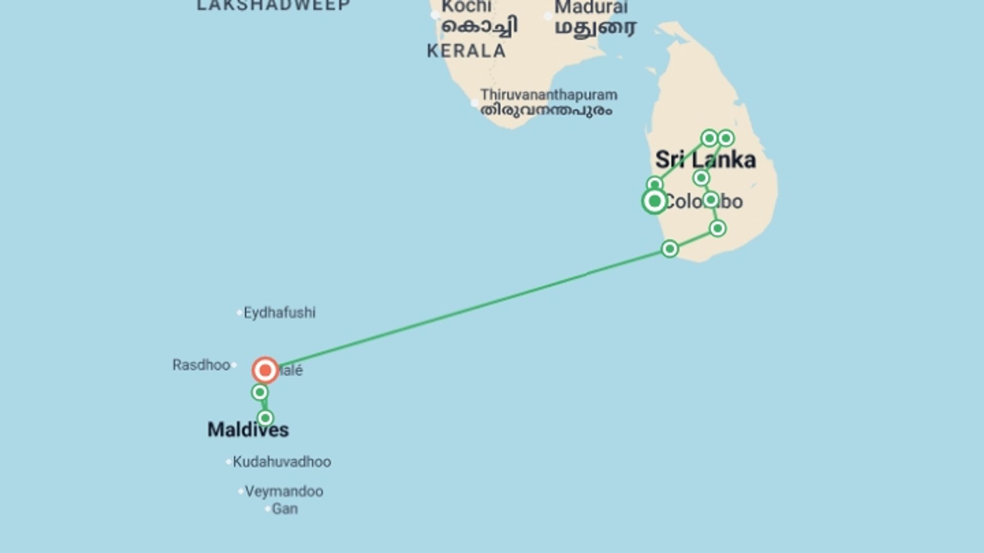 A map showing the tour itinerary for the trip: Family Sri Lanka and Maldives Adventure, starting in Colombo, Sri Lanka and ending in Male, Maldives going through 6 other destinations.