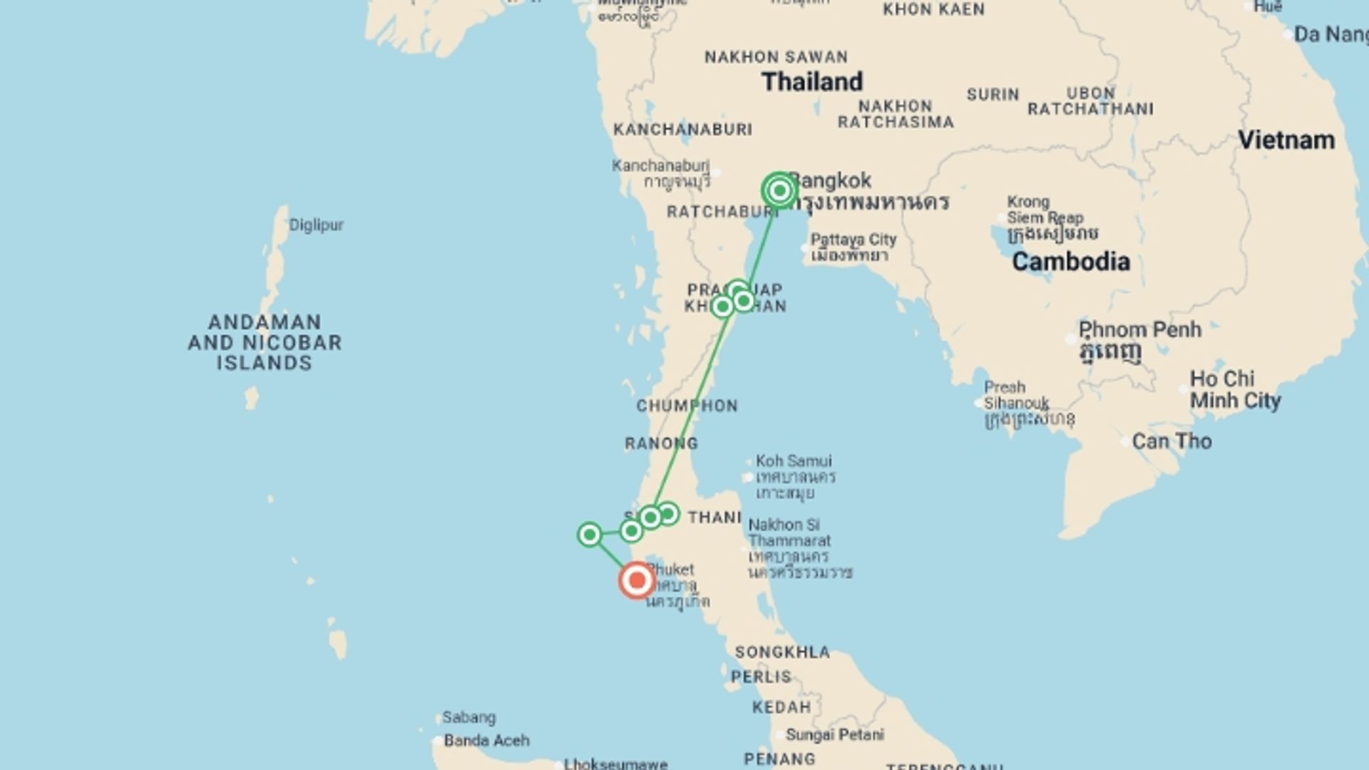 A map showing the tour itinerary for the trip: Family Thailand: Beach & Jungle Adventure, starting in Bangkok, Thailand and ending in Phuket, Thailand going through 3 other destinations.