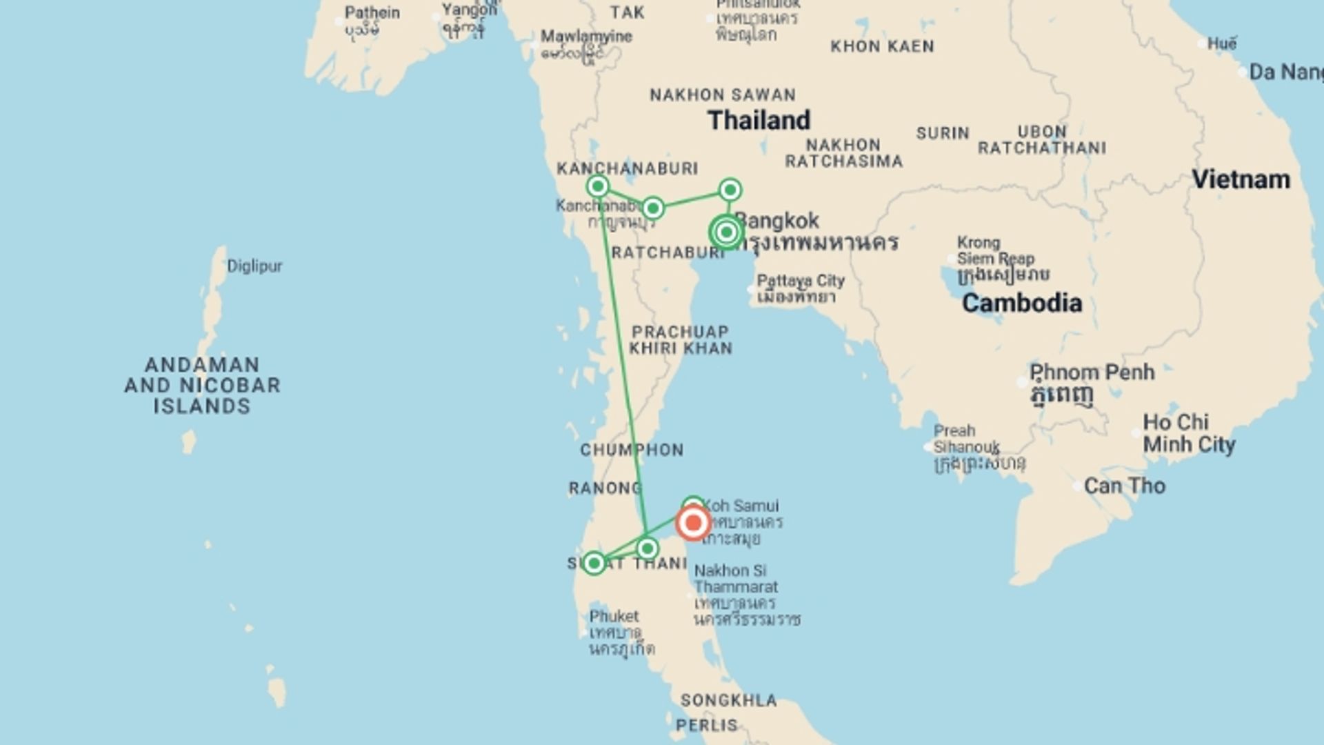 A map showing the tour itinerary for the trip: Family Thailand: River Kwai & Islands, starting in Bangkok, Thailand and ending in Koh Samui, Thailand going through 6 other destinations.