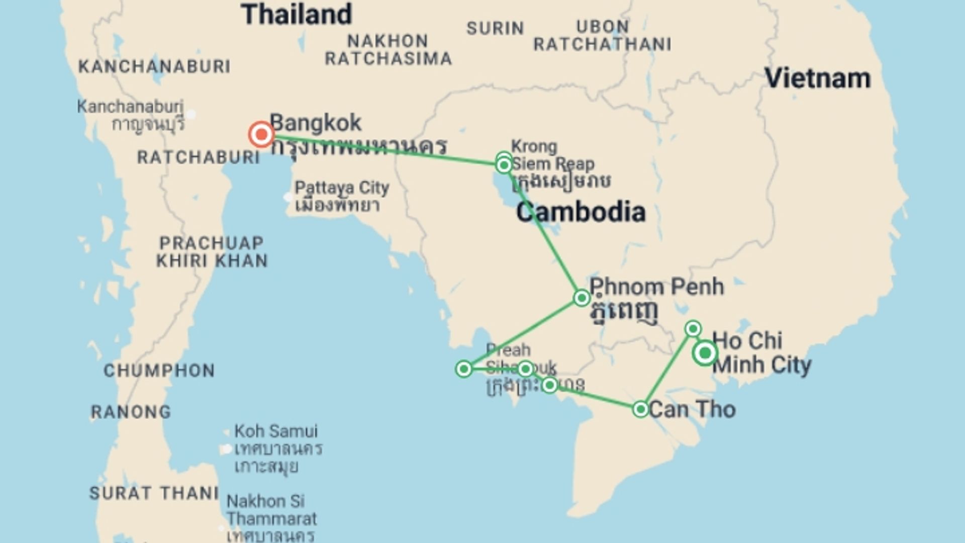 A map showing the tour itinerary for the trip: Family Vietnam, Cambodia & Thailand Journey, starting in Ho Chi Minh City, Vietnam and ending in Bangkok, Thailand going through 8 other destinations.