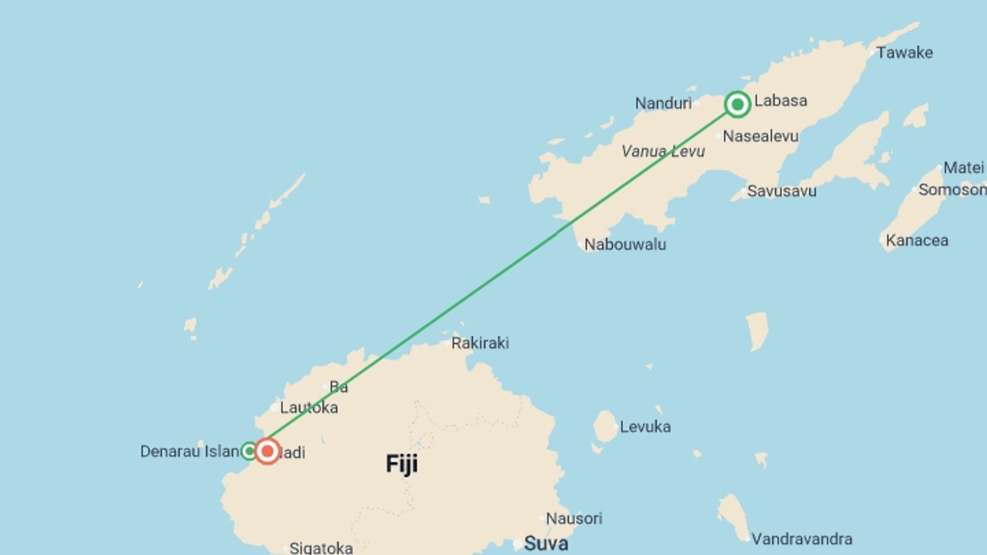 A map showing the tour itinerary for the trip: Fantastic Fiji, starting in Nadi, Fiji and ending in Nadi, Fiji going through 1 other destinations.