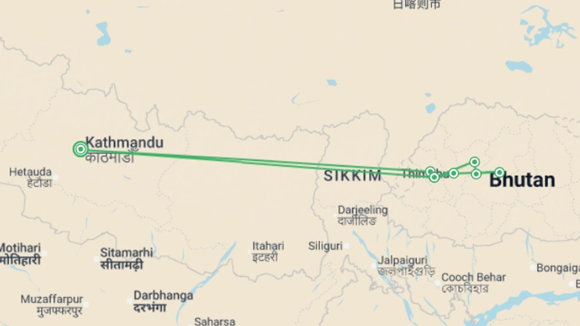 A map showing the tour itinerary for the trip: Festivals of Bhutan – Paro, starting in Kathmandu, Nepal and ending in Kathmandu, Nepal going through 4 other destinations.