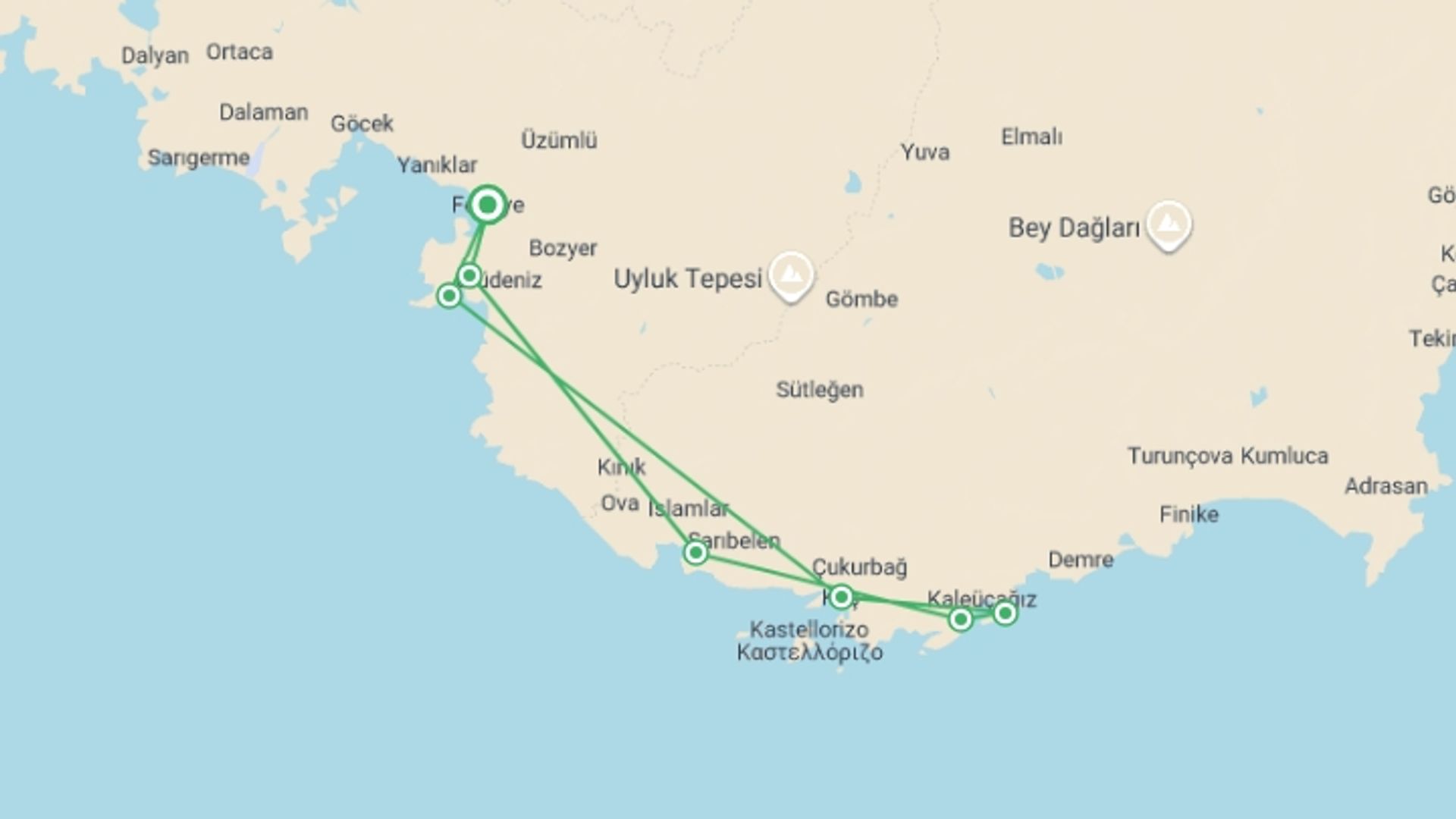 A map showing the tour itinerary for the trip: Fethiye and Kekova Gulet, starting in Fethiye, Turkey and ending in Fethiye, Turkey going through 3 other destinations.