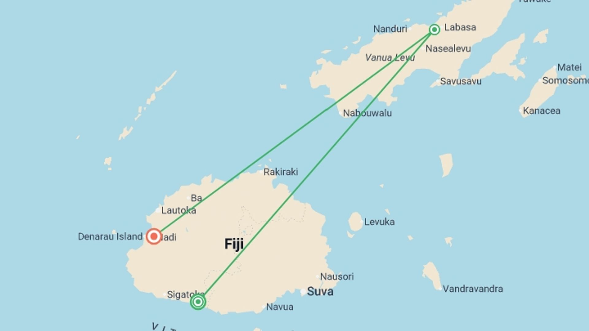 A map showing the tour itinerary for the trip: Fiji Reef and Retreat, starting in Nadi, Fiji and ending in Nadi, Fiji going through 1 other destinations.