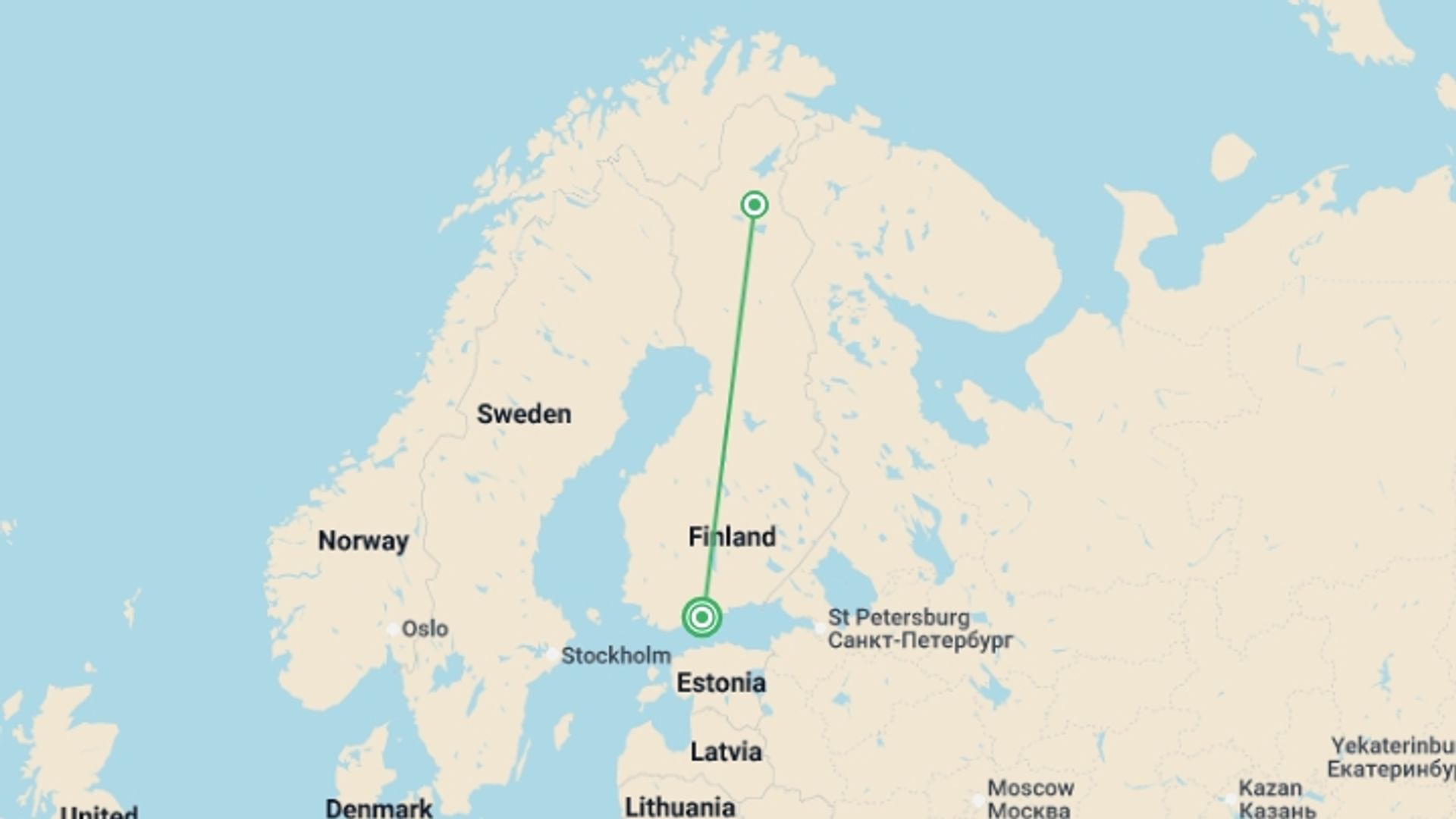 A map showing the tour itinerary for the trip: Finland Beneath the Northern Lights, starting in Helsinki, Finland and ending in Helsinki, Finland going through 1 other destinations.