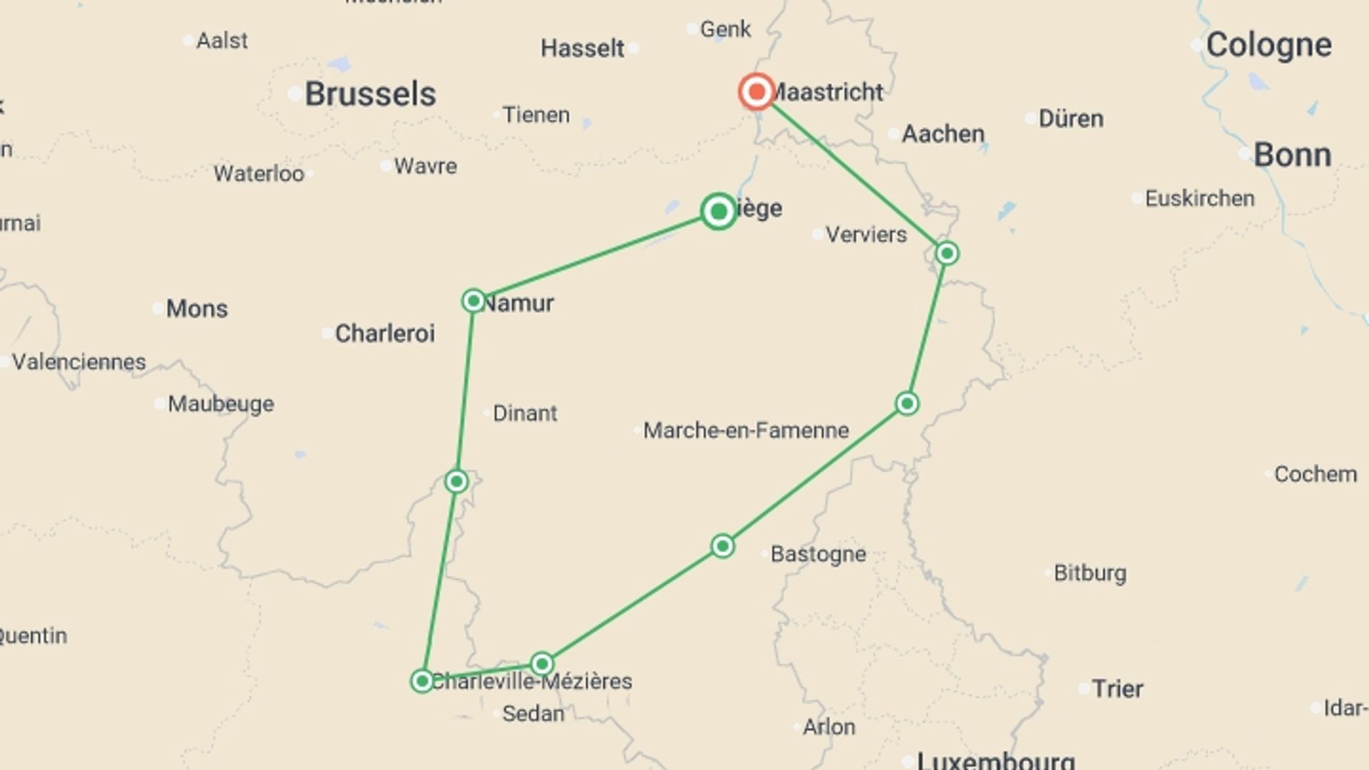 A map showing the tour itinerary for the trip: Five Countries Cycle, starting in Maastricht, Holland and ending in Maastricht, Holland going through 1 other destinations.