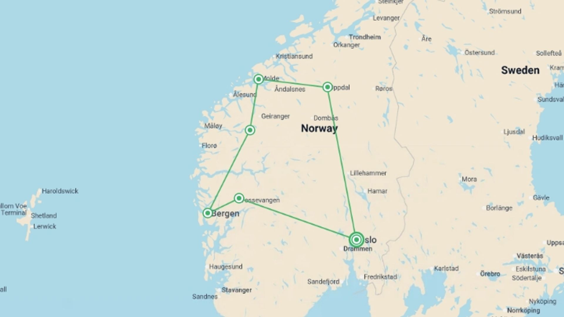 A map showing the tour itinerary for the trip: Fjords, Charms & Traditions - 8 days, starting in Oslo, Norway and ending in Oslo, Norway going through 3 other destinations.