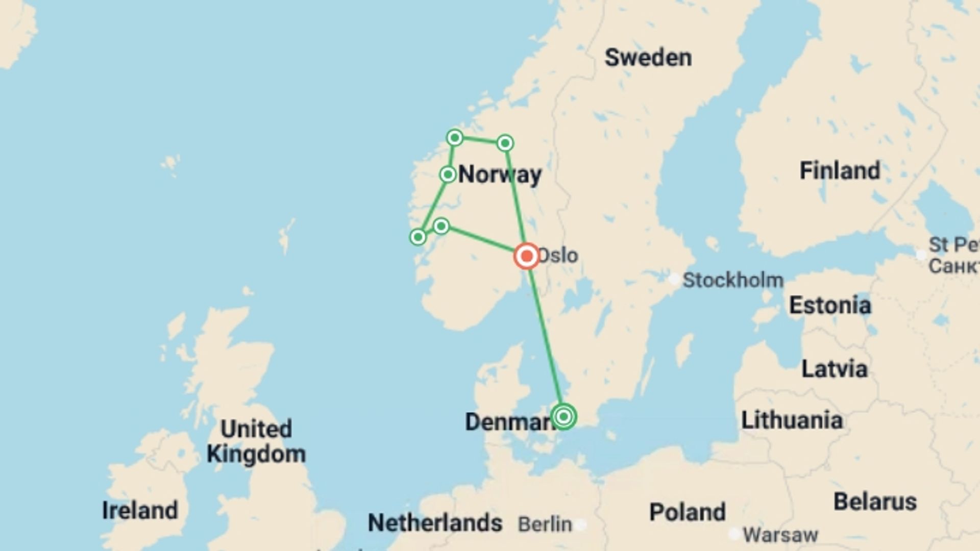A map showing the tour itinerary for the trip: Fjords, Charms & Traditions from Copenhagen - 11 days, starting in Copenhagen, Denmark and ending in Oslo, Norway going through 4 other destinations.