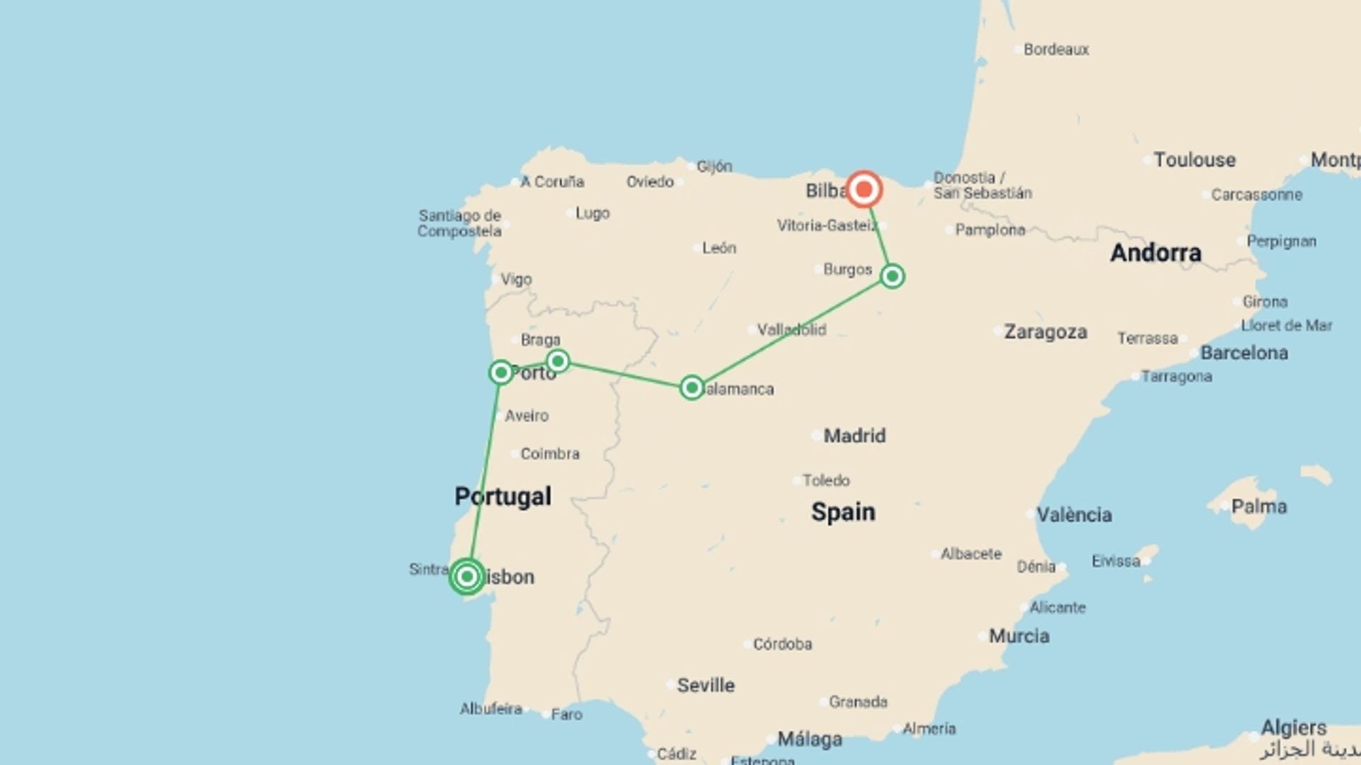 A map showing the tour itinerary for the trip: Flavors of Portugal & Spain featuring the Douro and Rioja Wine Regions, starting in Lisbon, Portugal and ending in San Sebastian, Spain going through 8 other destinations.