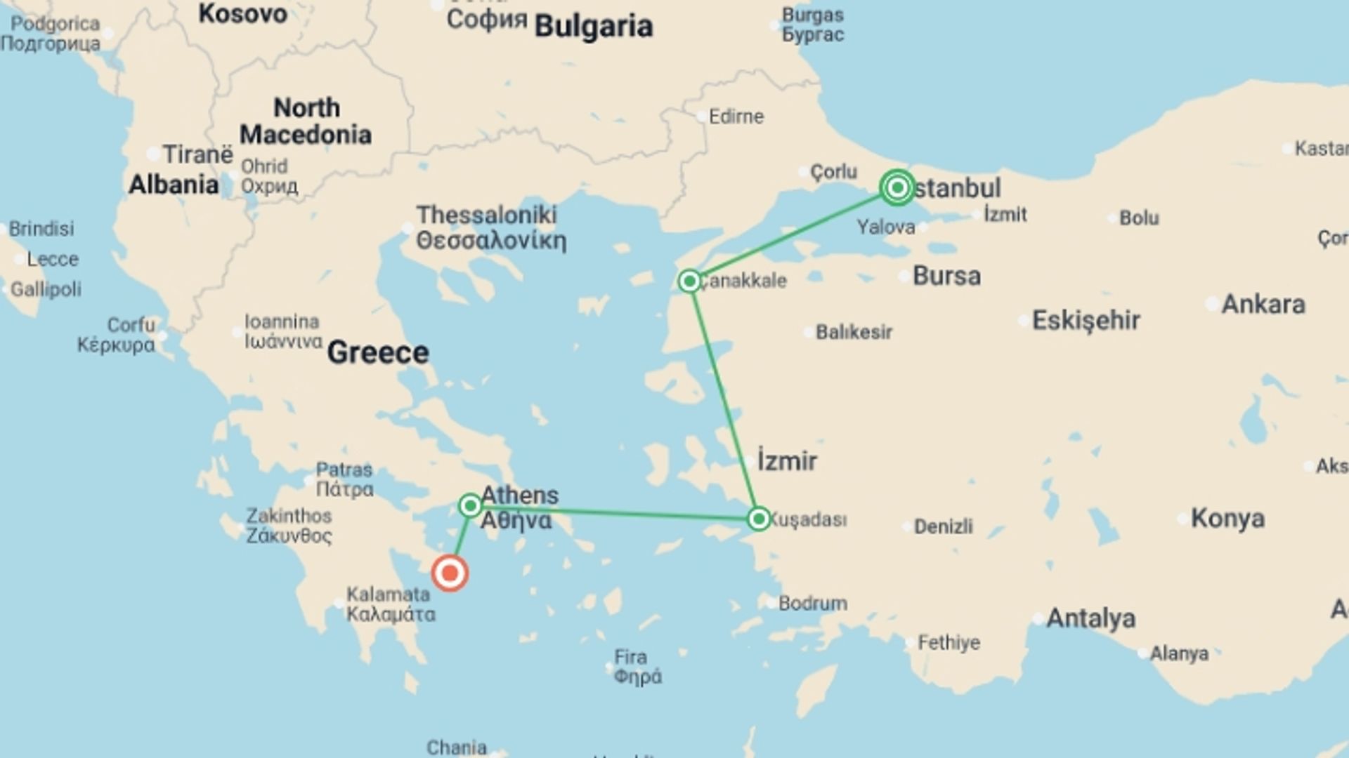 A map showing the tour itinerary for the trip: Flavours Of Turkey And Greece -i-, starting in Istanbul, Turkey and ending in Athens, Greece going through 5 other destinations.