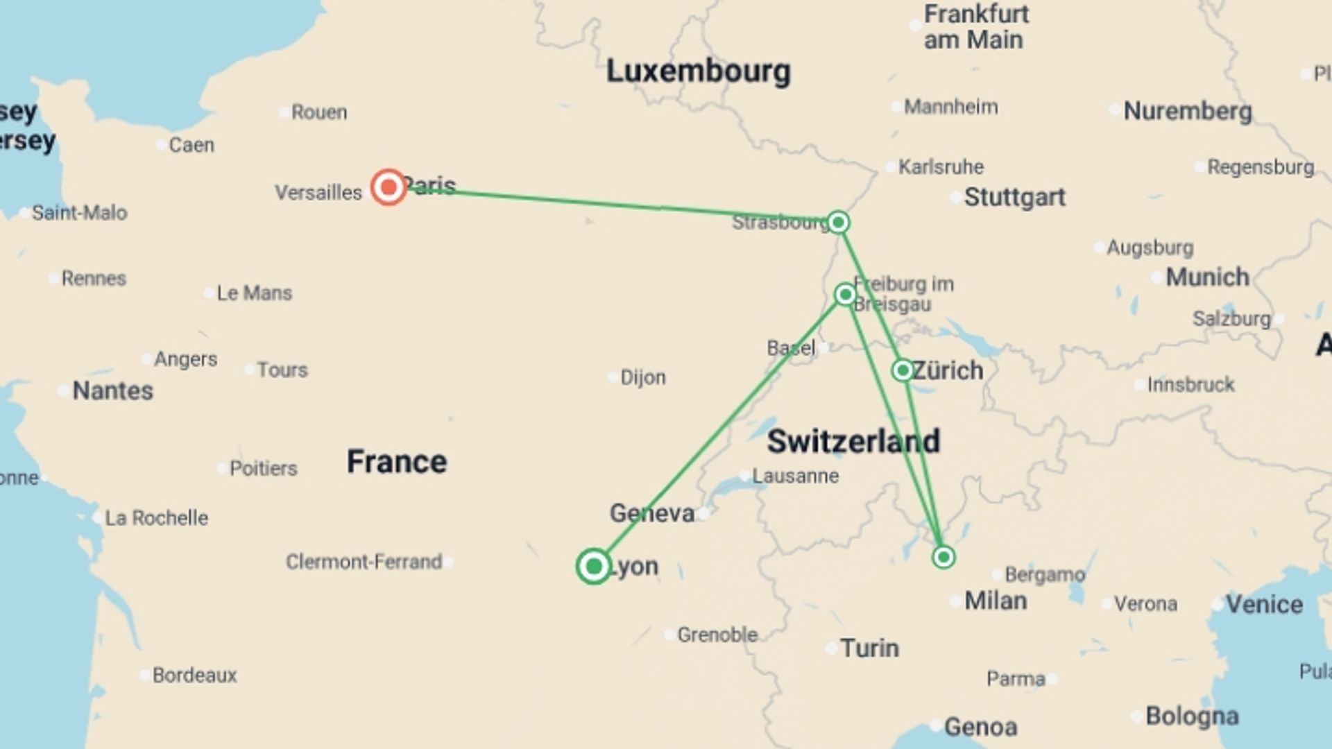 A map showing the tour itinerary for the trip: France and Switzerland with enchanted Alsace, starting in Paris, France and ending in Paris, France going through 4 other destinations.