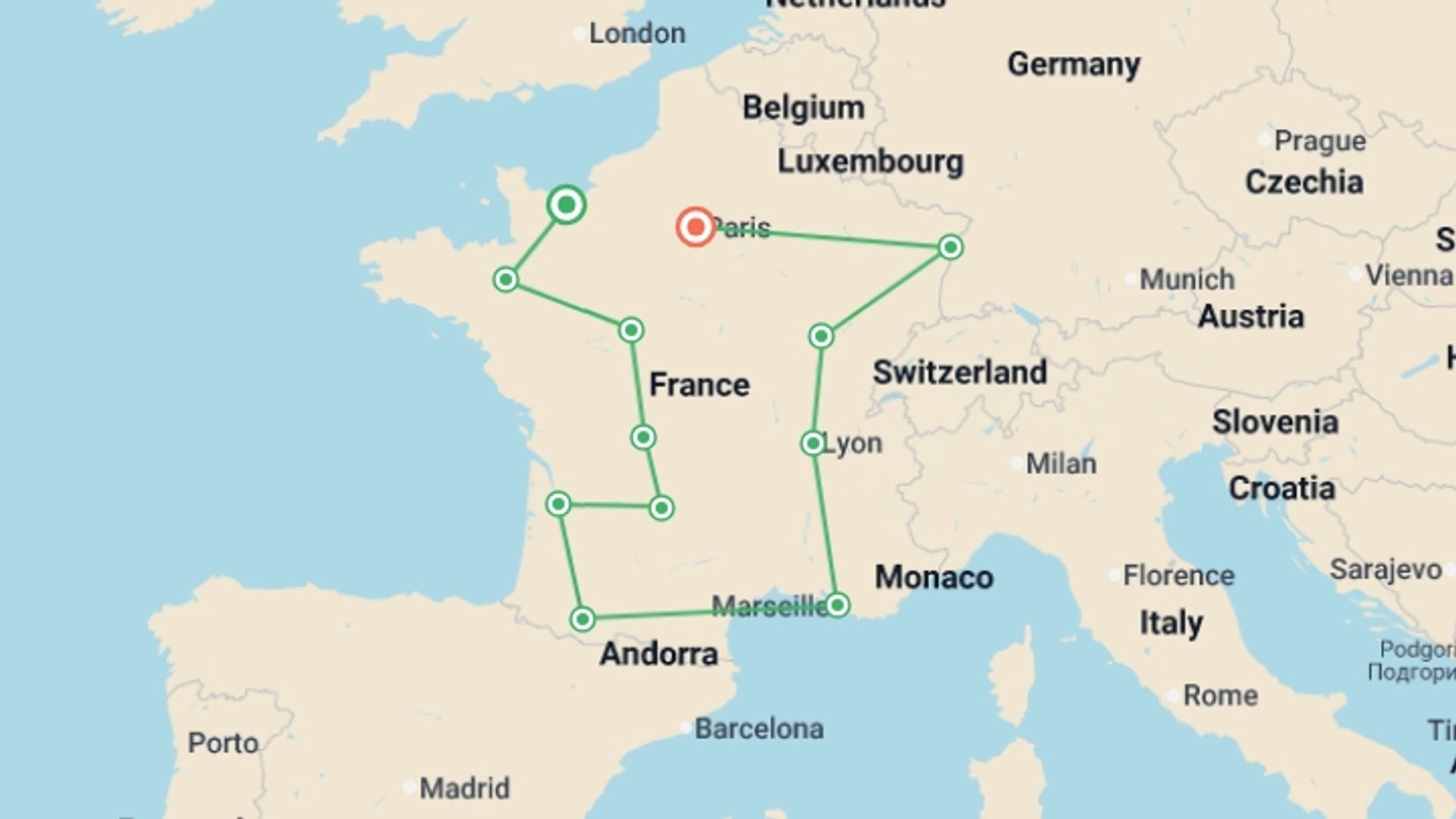 A map showing the tour itinerary for the trip: French Passion, starting in Paris, France and ending in Paris, France going through 8 other destinations.