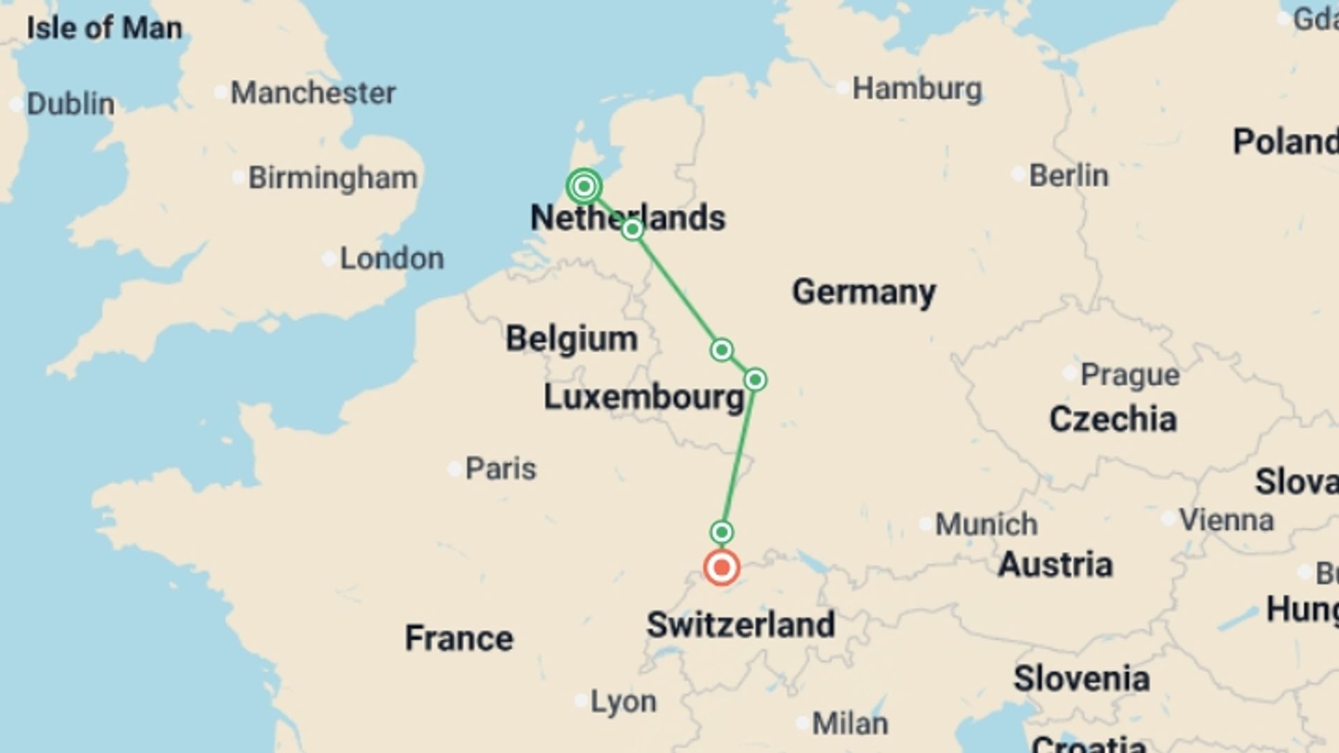 A map showing the tour itinerary for the trip: From Amsterdam to Basel: The Treasures of the Celebrated Rhine River (port-to-port cruise), starting in Amsterdam, Holland and ending in Basel, Switzerland going through 5 other destinations.