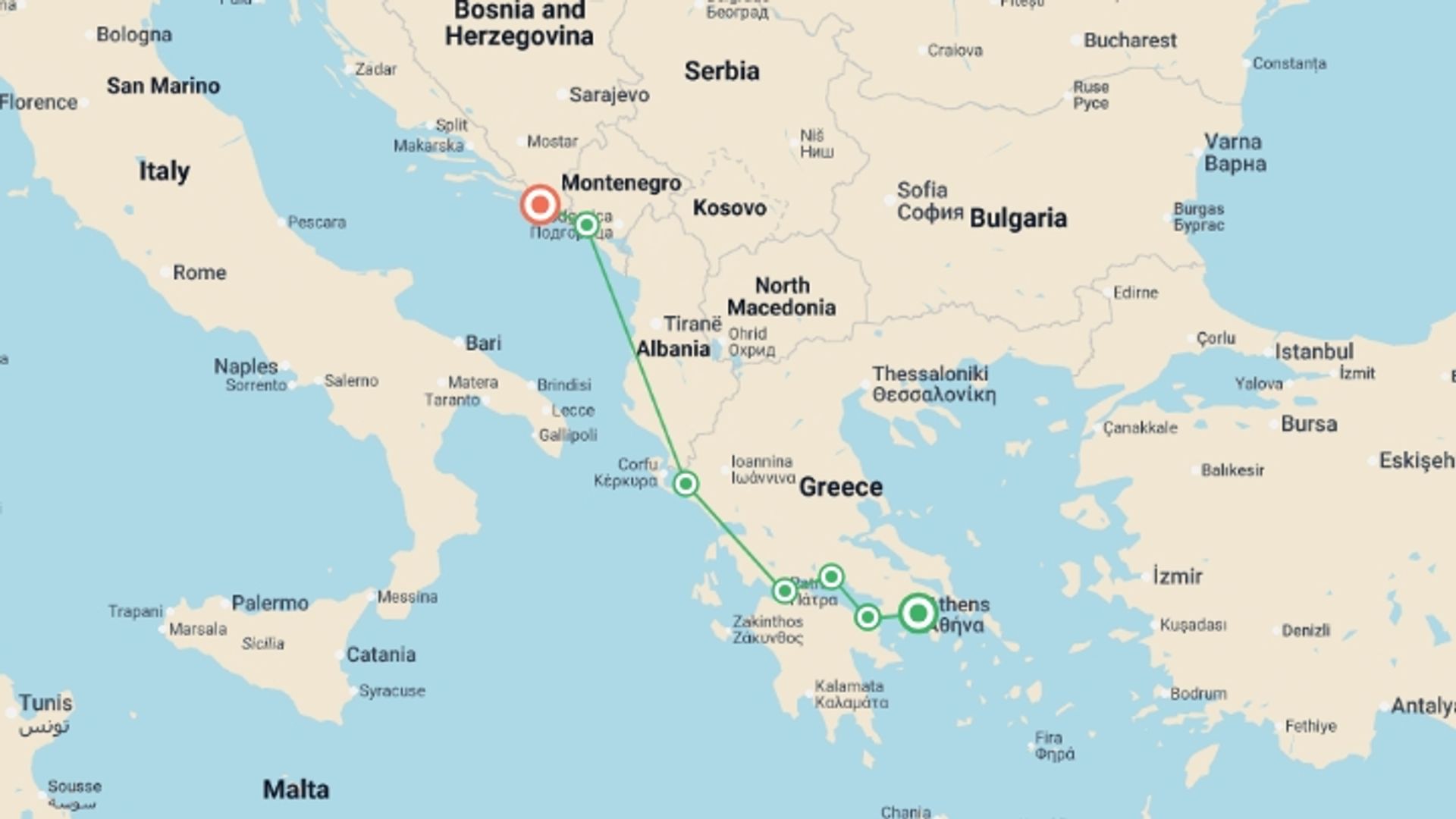 A map showing the tour itinerary for the trip: From Athens to Dubrovnik  The Corinth Canal, the Meteora and The Bay of Kotor (port-to-port cruise), starting in Athens, Greece and ending in Dubrovnik, Croatia going through 3 other destinations.