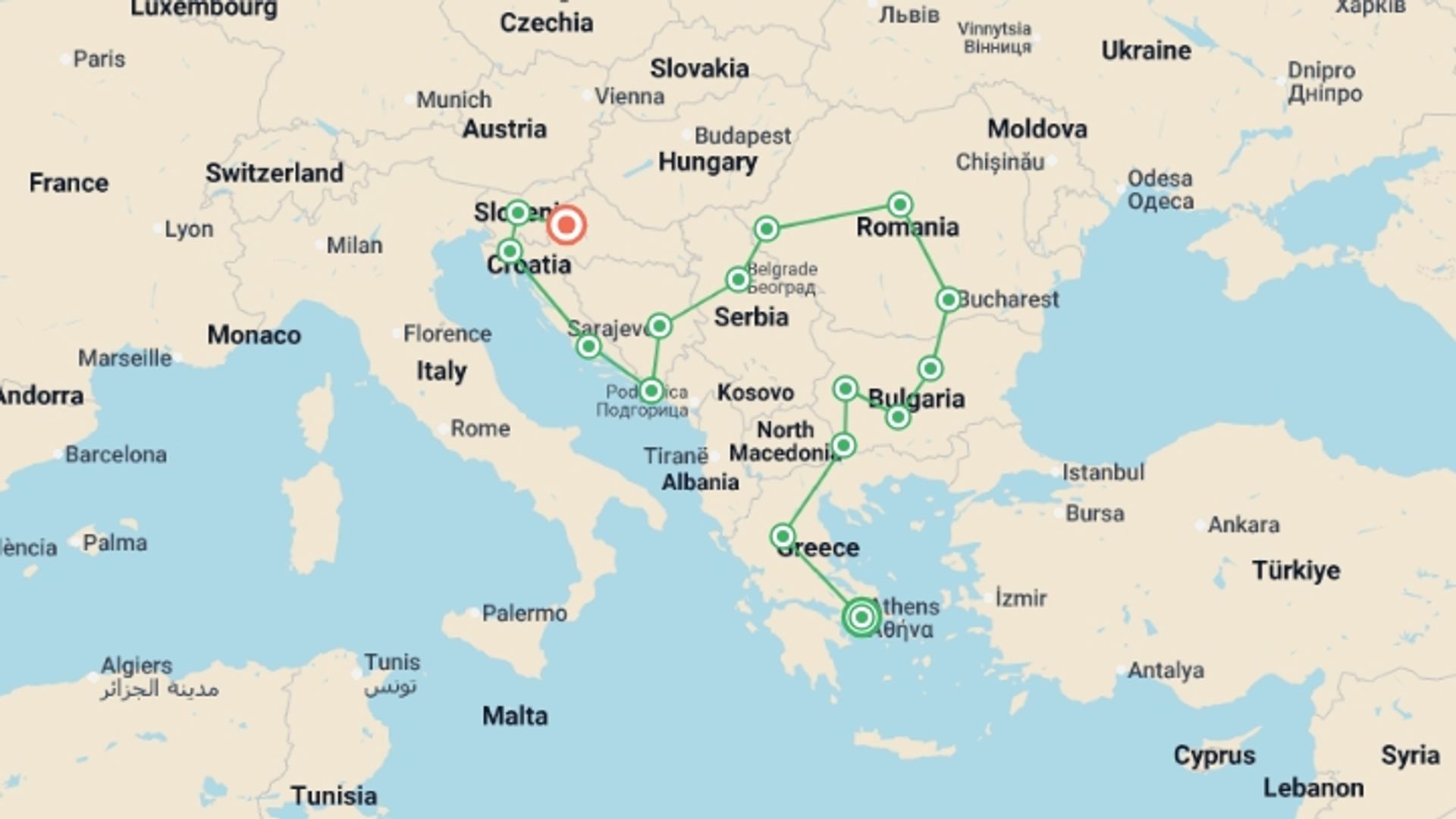 A map showing the tour itinerary for the trip: From Athens to Zagreb, starting in Athens, Greece and ending in Zagreb, Croatia going through 12 other destinations.