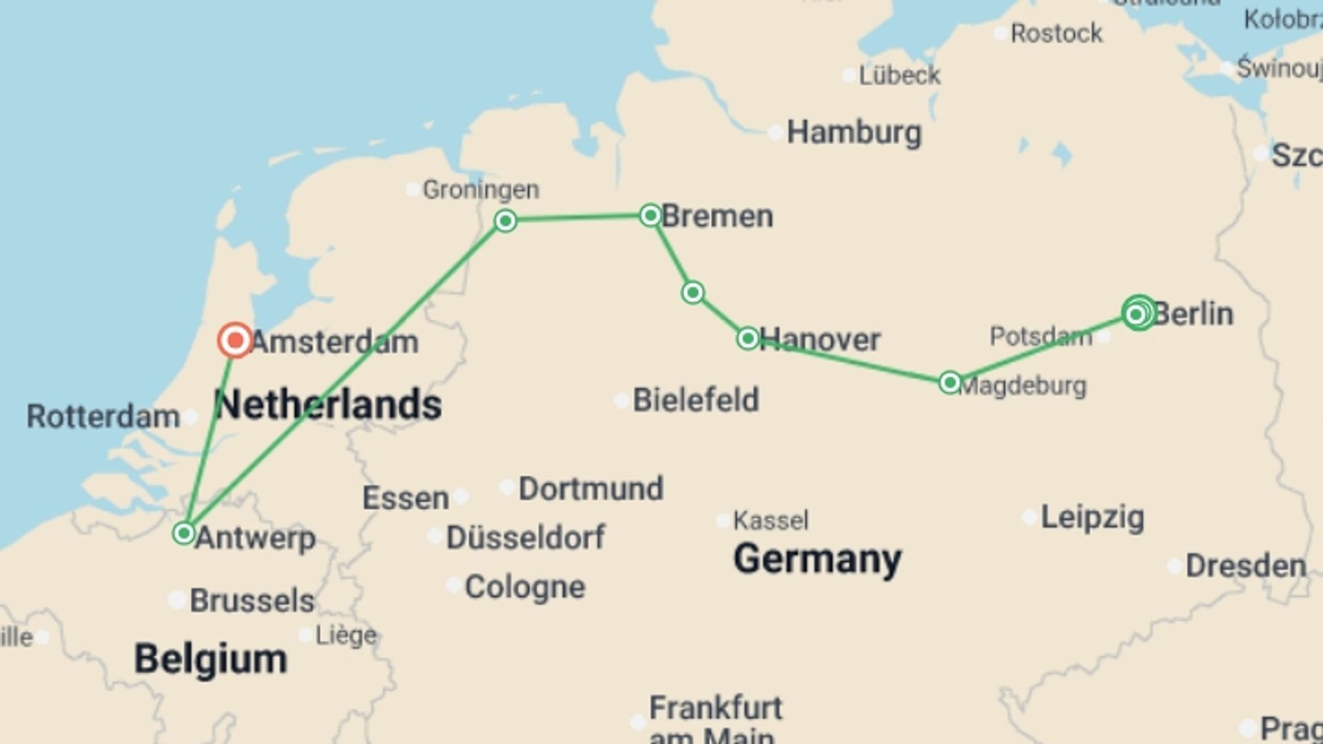 A map showing the tour itinerary for the trip: From Berlin to Amsterdam (port-to-port cruise), starting in Berlin, Germany and ending in Amsterdam, Holland going through 3 other destinations.