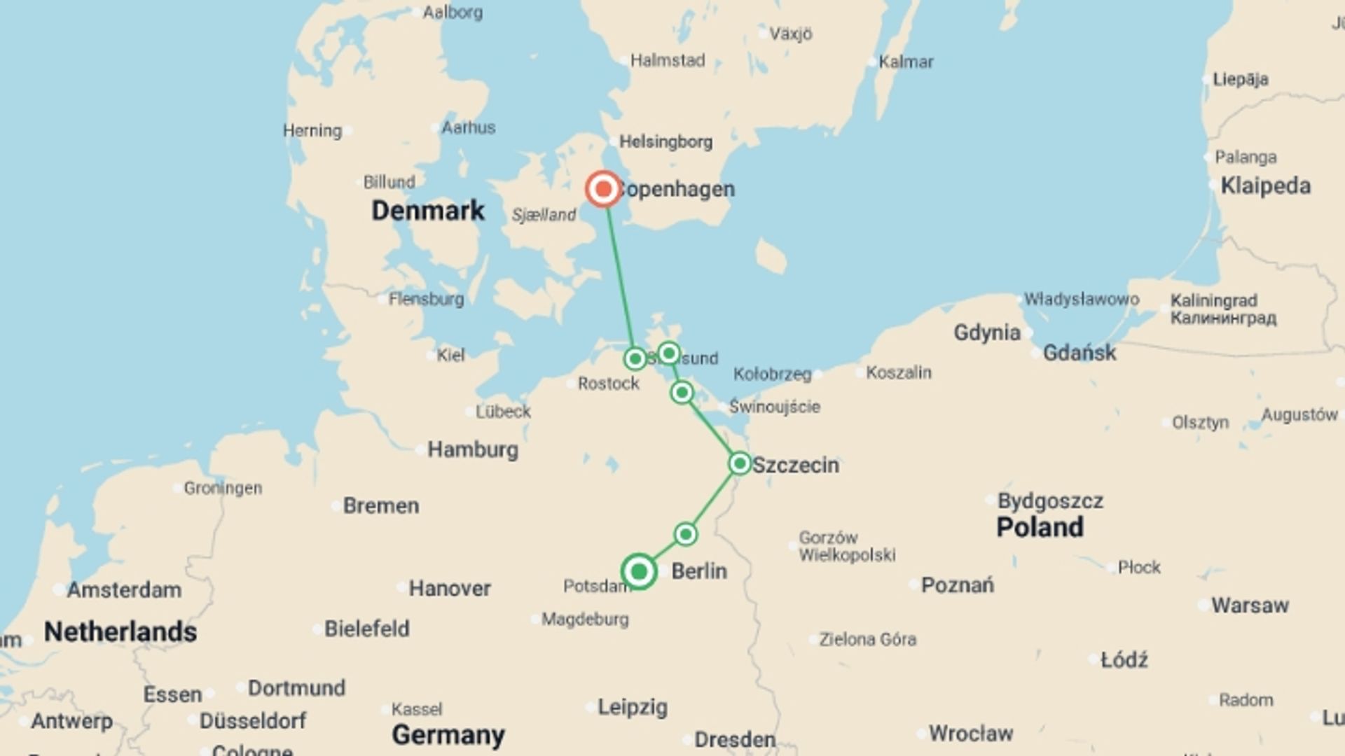 A map showing the tour itinerary for the trip: From Berlin to Copenhagen The Havel, the Oder and the Baltic sea (port-to-port cruise), starting in Spandau, Germany and ending in Copenhagen, Denmark going through 3 other destinations.