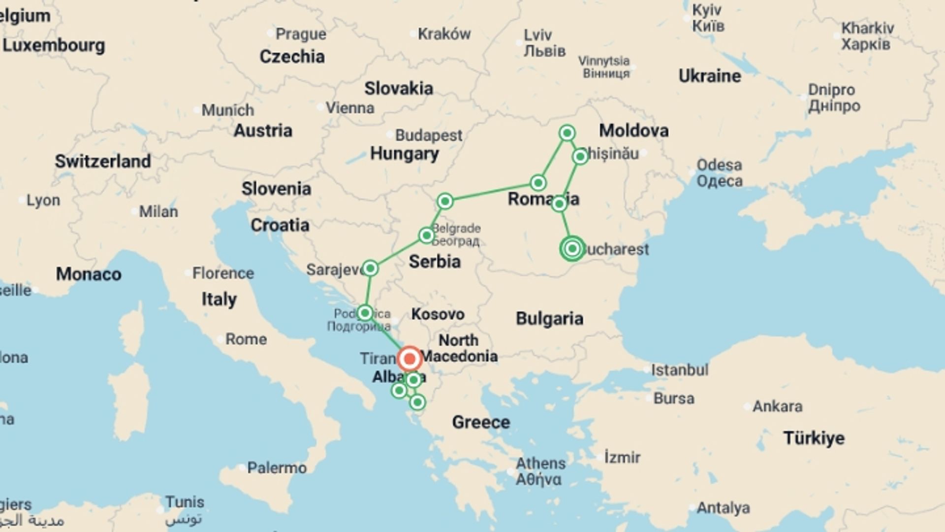 A map showing the tour itinerary for the trip: From Bucharest to Tirana, starting in Bucharest, Romania and ending in Tirana, Albania going through 9 other destinations.