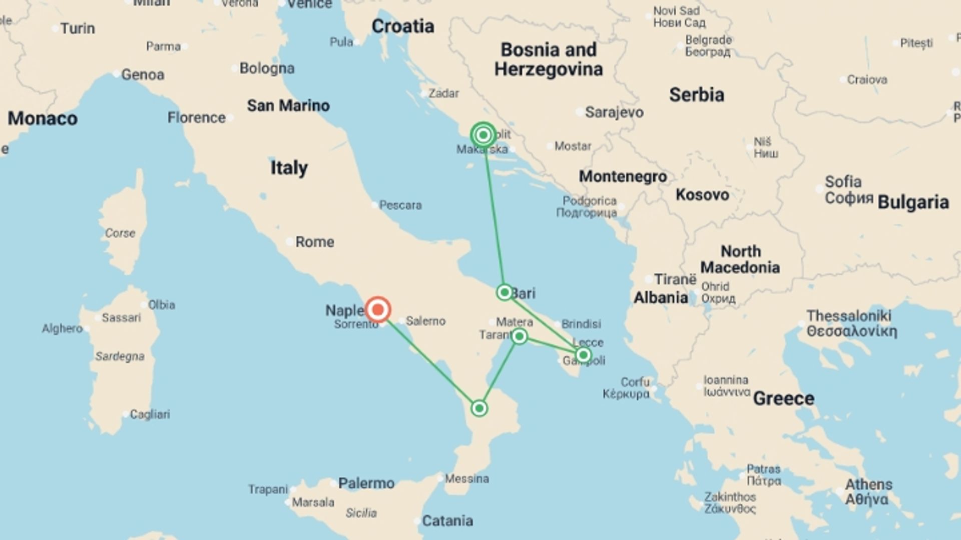 A map showing the tour itinerary for the trip: From Croatia to the Shores of Southern Italy: A Cruise Through Ancient Heritage, Living Traditions and the Italian Art of Living - Dalmatia, Puglia, Basilicata, Calabria and the Bay of Naples (port-to-port cruise), starting in Valletta, Malta and ending in Naples, Italy going through 5 other destinations.