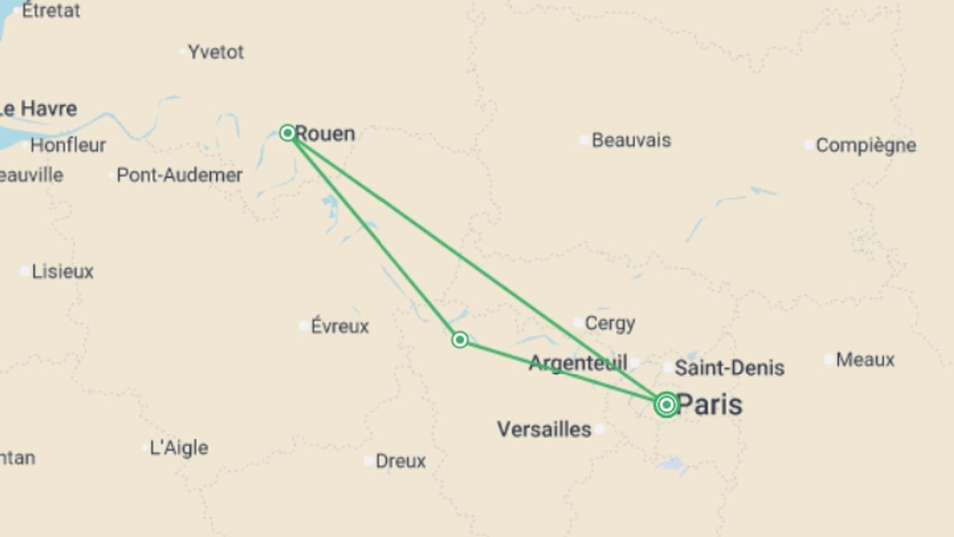 A map showing the tour itinerary for the trip: From Paris, the City of Light, to the shores of Normandy, a festive and gourmet cruise on the Seine aboard a paddlewheel boat (port-to-port cruise), starting in Paris, France and ending in Paris, France going through 1 other destinations.